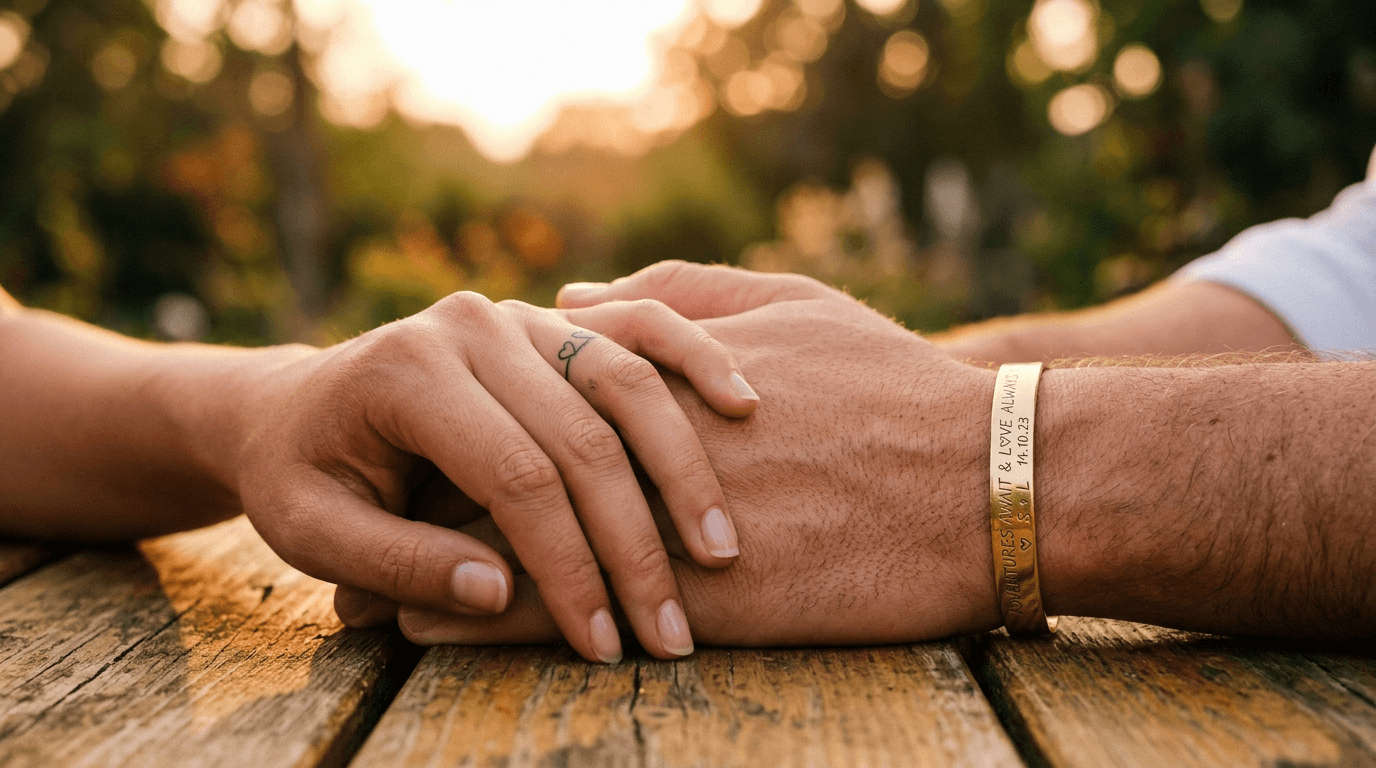 Pärchenhände zeigen Ring-Tattoo am Finger und gravierten Goldarmreif als Alternative zum klassischen Ehering