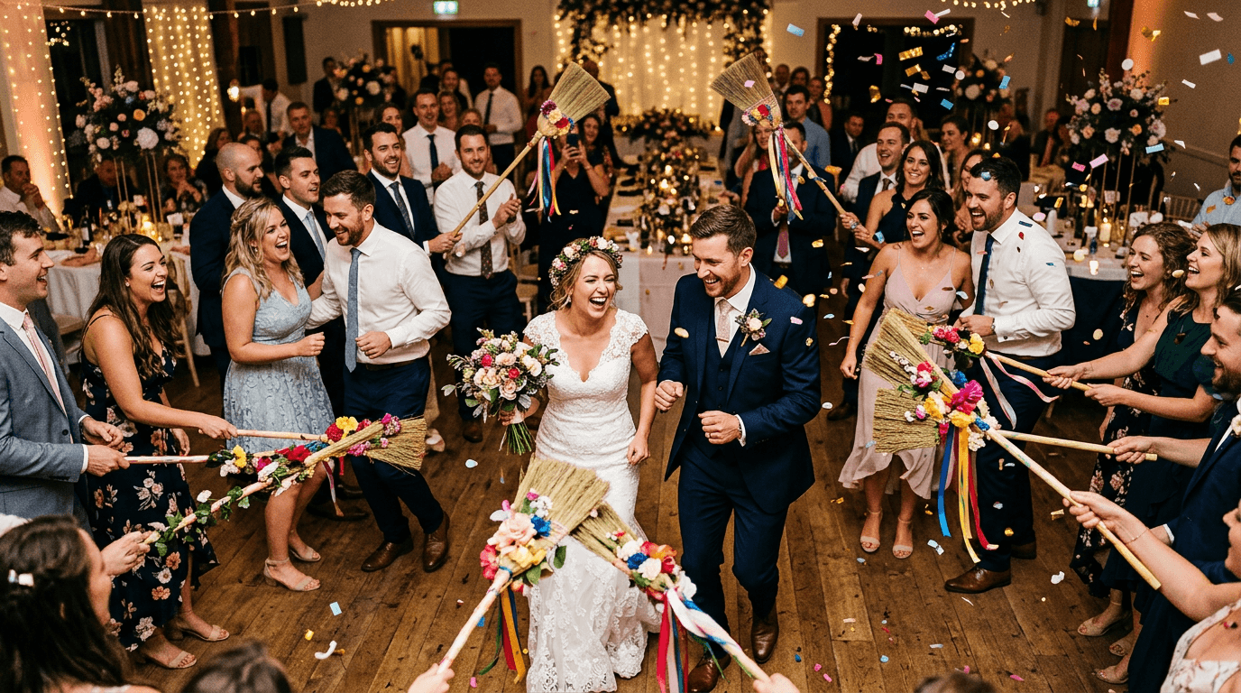 Brautpaar springt lachend über einen festlich dekorierten Besen, Gäste applaudieren