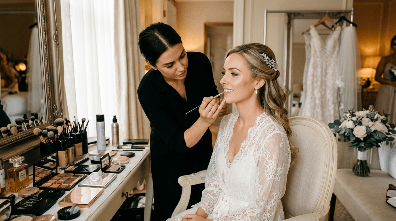 Visagistin schminkt Braut am Hochzeitsmorgen an der Frisierkommode mit Brautkleid im Hintergrund