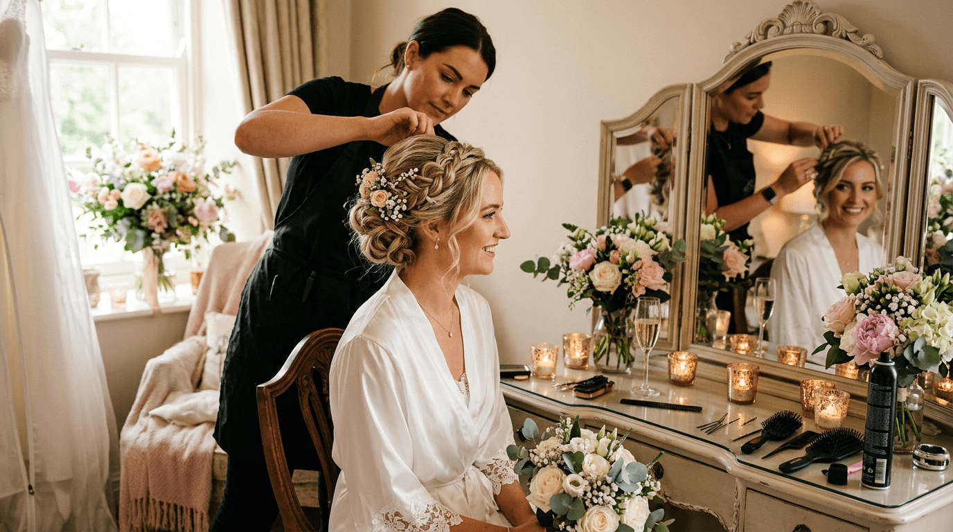 Friseurin stylt aufwändige Hochsteckfrisur mit Blumenschmuck bei Braut am Schminkttisch