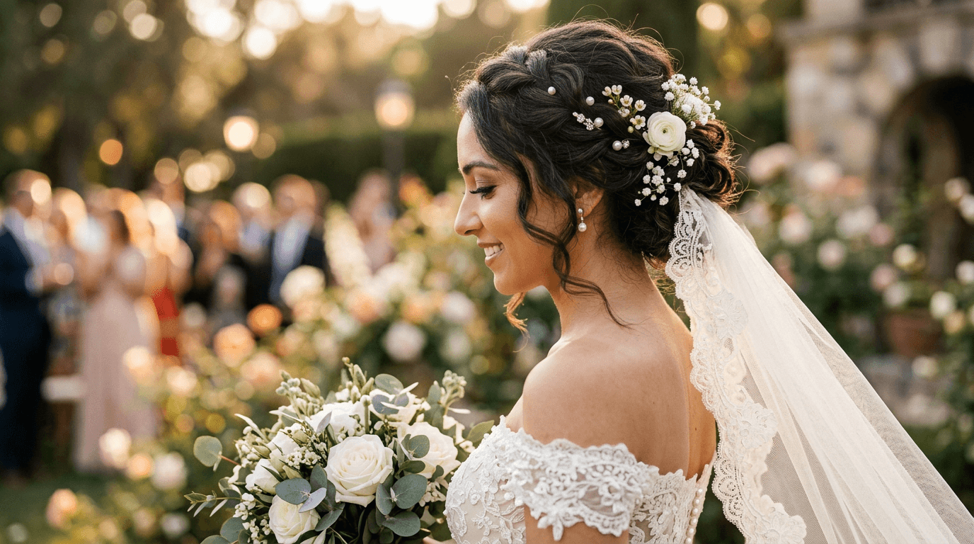 Braut mit romantischer Hochsteckfrisur und frischen Blüten im Haar, natürliches Licht