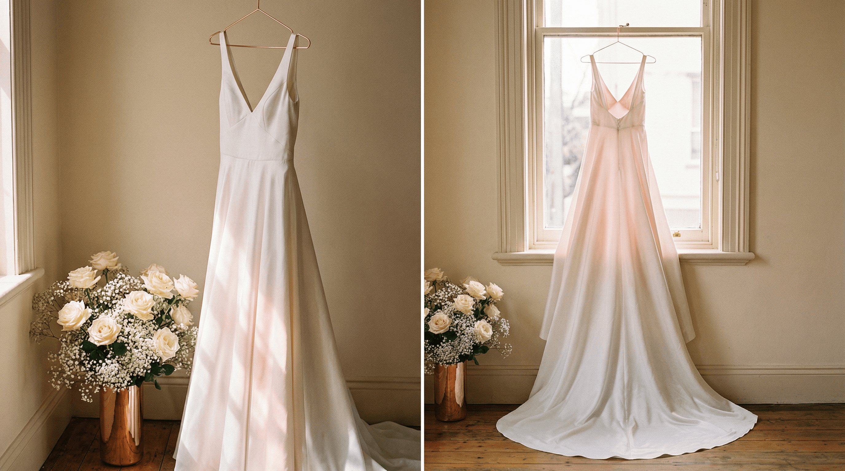 Weißes Brautkleid hängt an einem Fenster mit warmem natürlichen Licht und Blumenarrangement