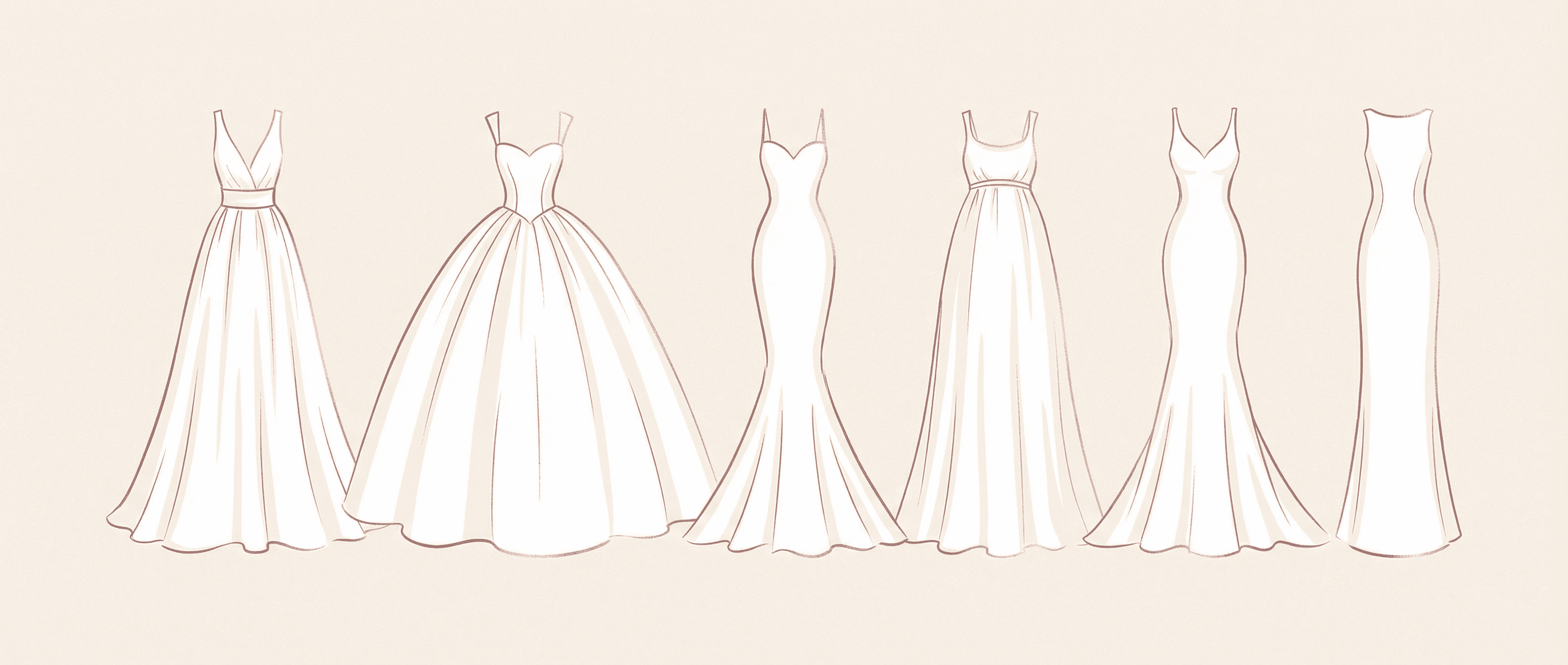 Übersicht verschiedener Brautkleid-Schnitte: A-Linie, Prinzessin, Meerjungfrau, Empire und Fit-and-Flare