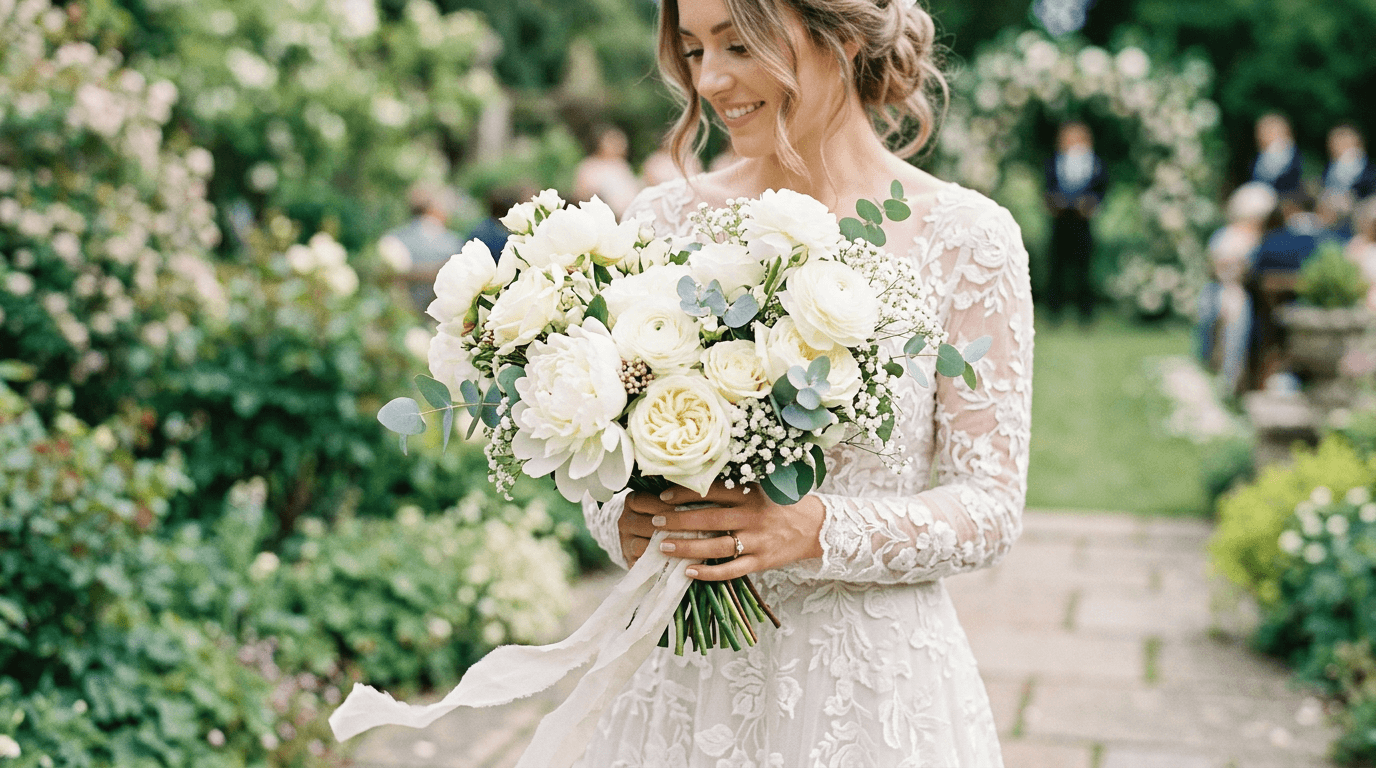 Braut hält romantischen Biedermeier-Strauß aus weißen Pfingstrosen, Ranunkeln und Eukalyptus in einem Garten