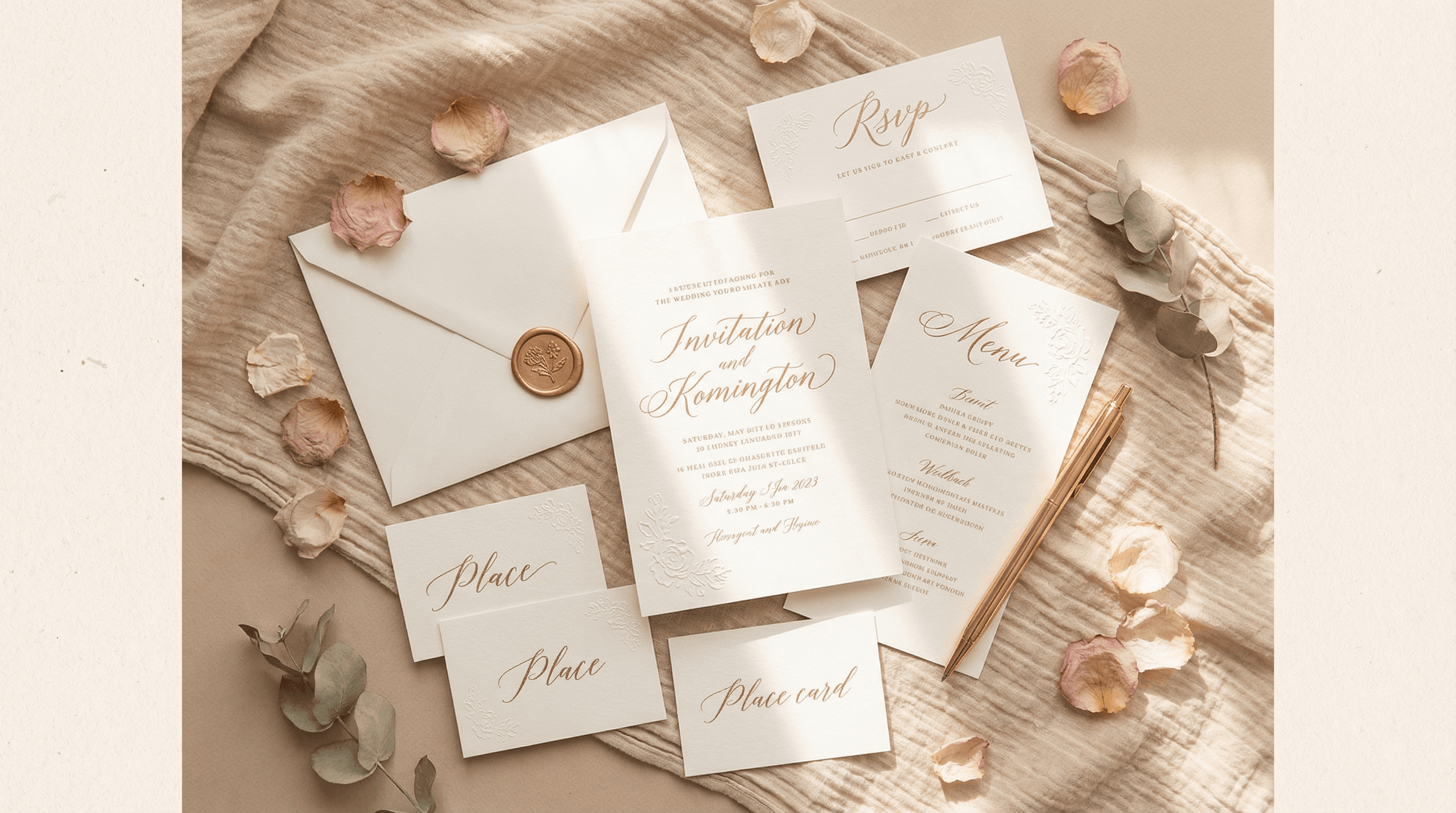 Hochzeitseinladungen und Papeterie auf einem Tisch mit Blumendeko