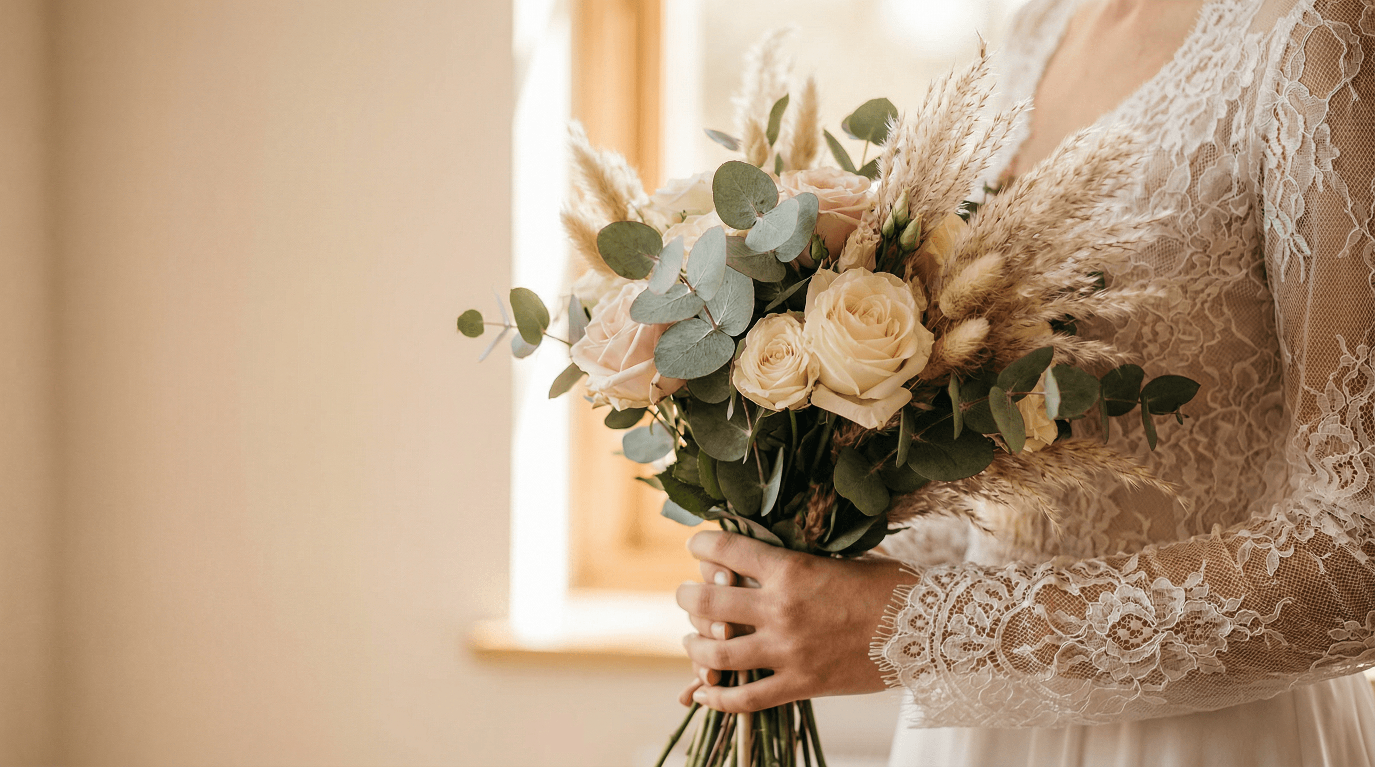 Braut hält Brautstrauß aus weißen und blush Rosen mit Eukalyptus