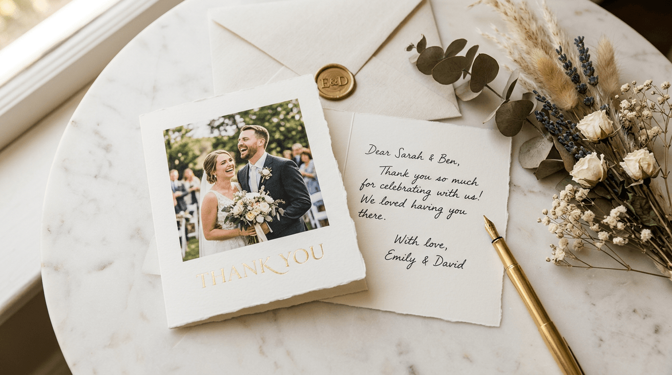 Hochzeits-Danksagungskarte mit Foto des Brautpaares, handgeschriebenem Text und Trockenblumen auf Marmortisch
