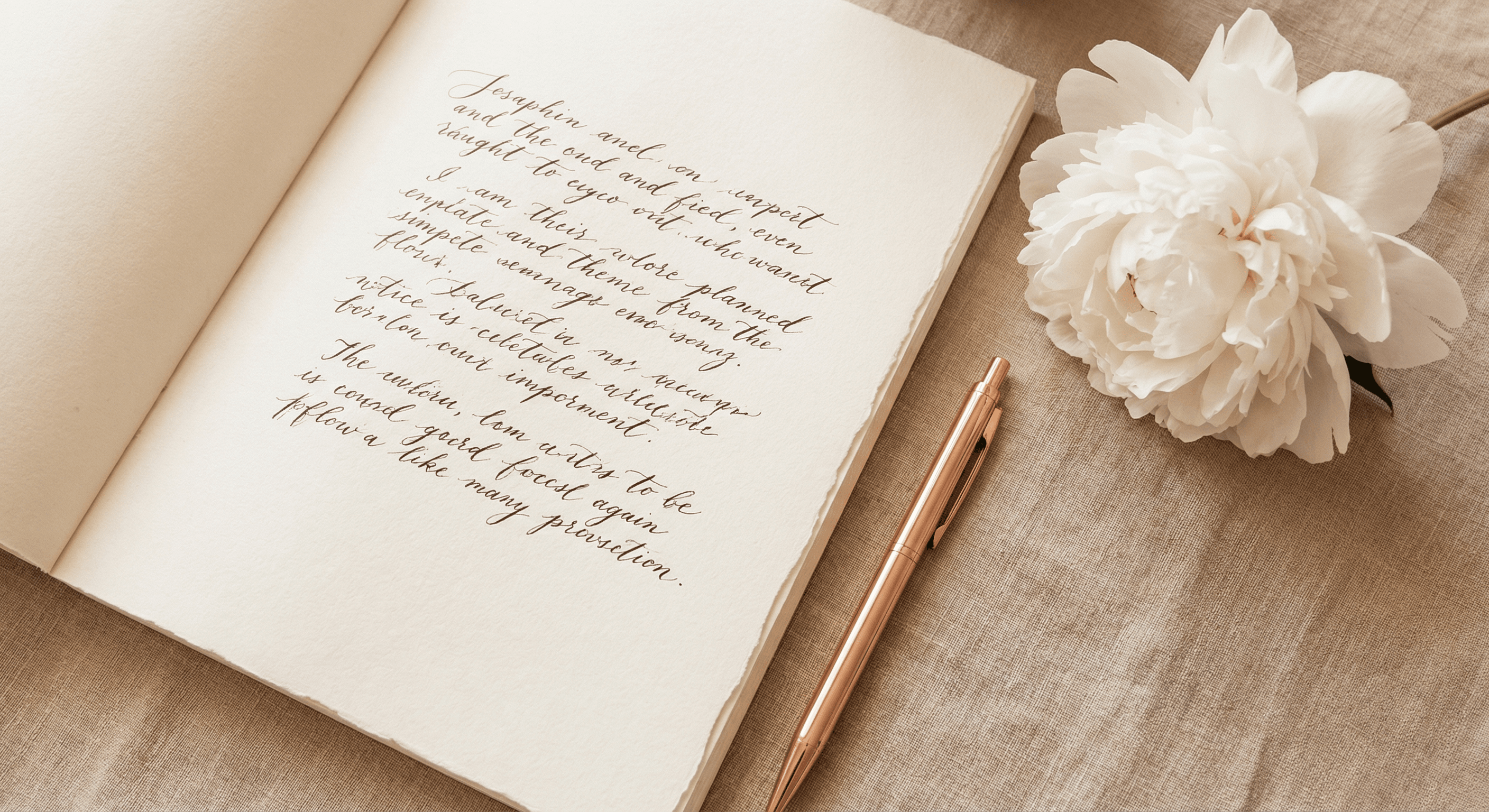 Handgeschriebenes Eheversprechen in Kalligrafie auf cremefarbenem Papier mit Rose und Roségold-Stift