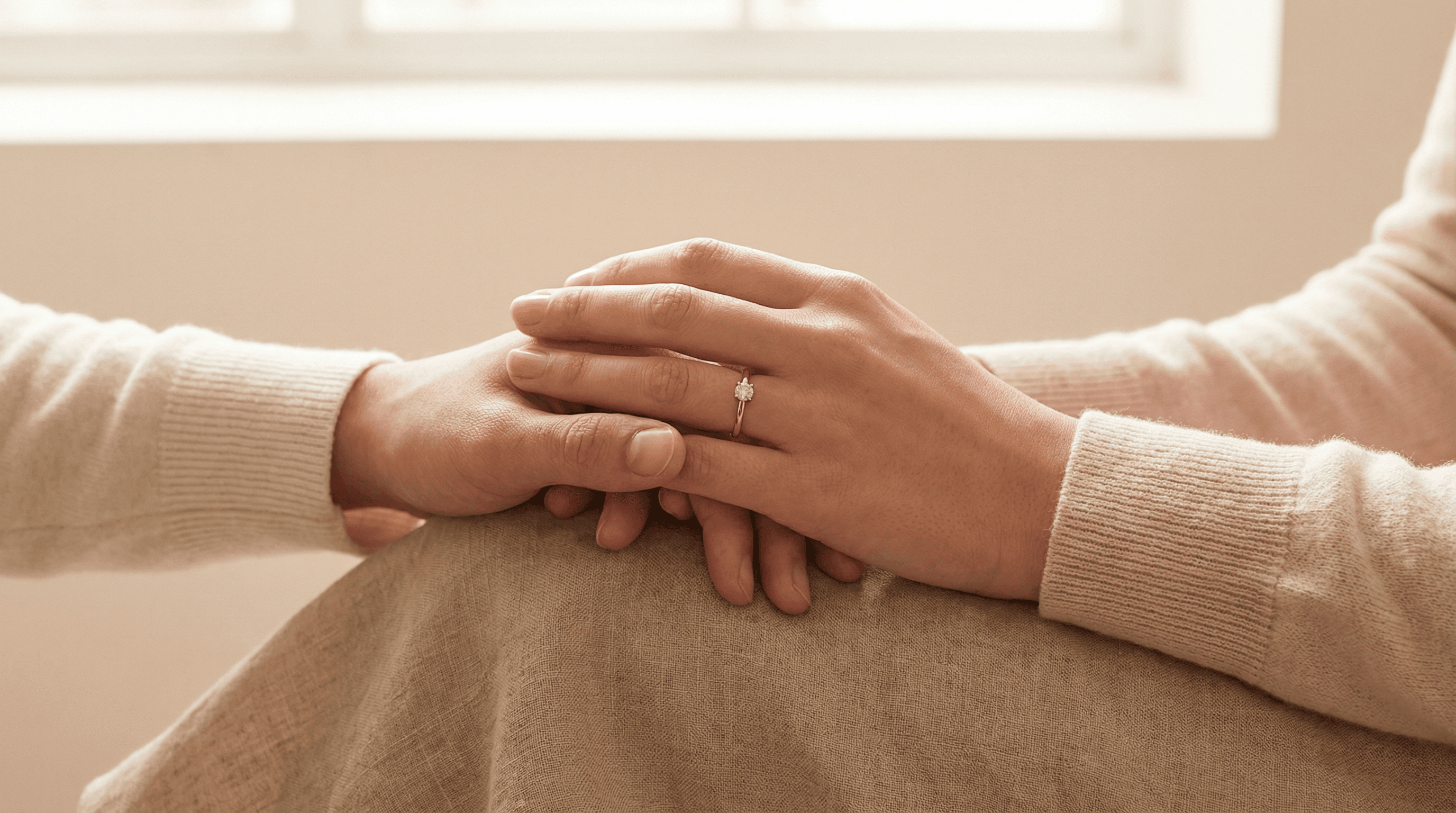 Zwei Hände halten sich sanft, mit einem Verlobungsring – warmes Licht, emotionaler Moment