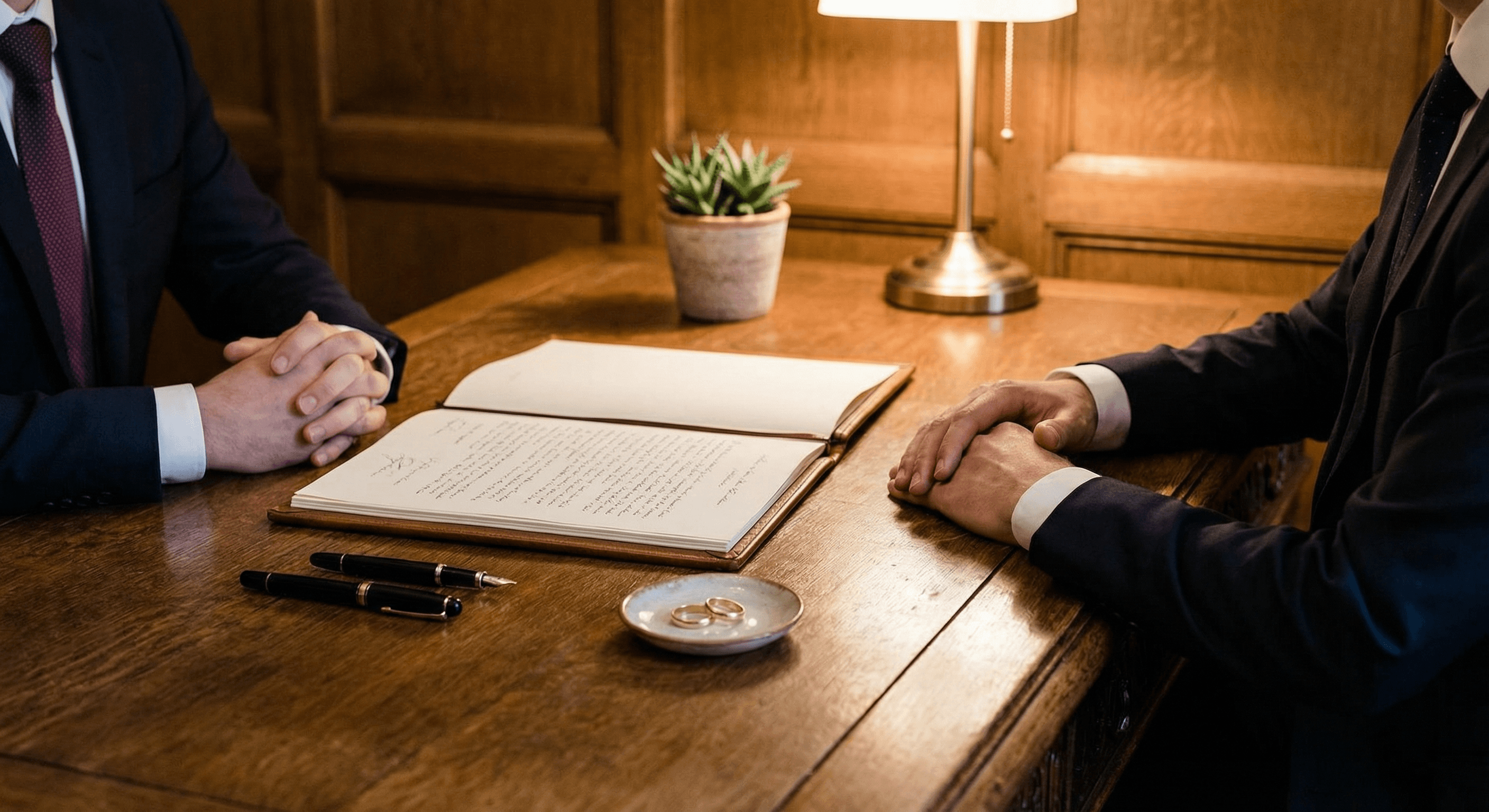 Zwei Personen am Notarschreibtisch mit Dokumenten und Eheringen – sachliche Beratung zum Ehevertrag