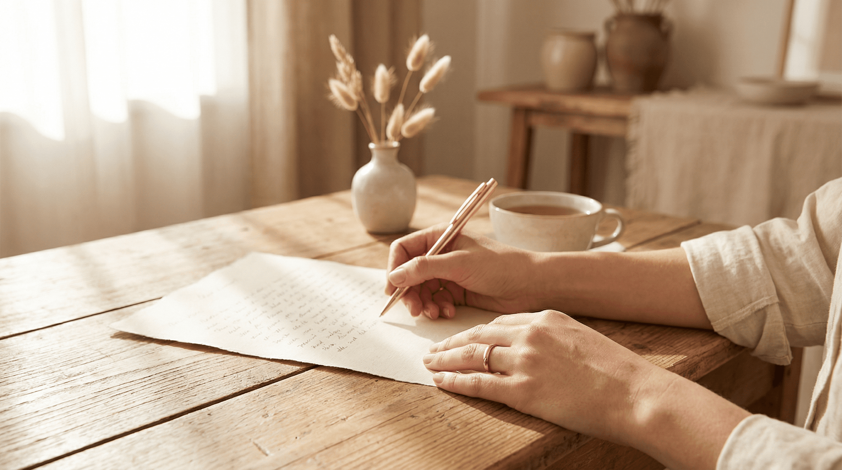 Zwei Hände halten ein Dokument mit Stift auf einem Holztisch – warmes Licht, ruhige Atmosphäre