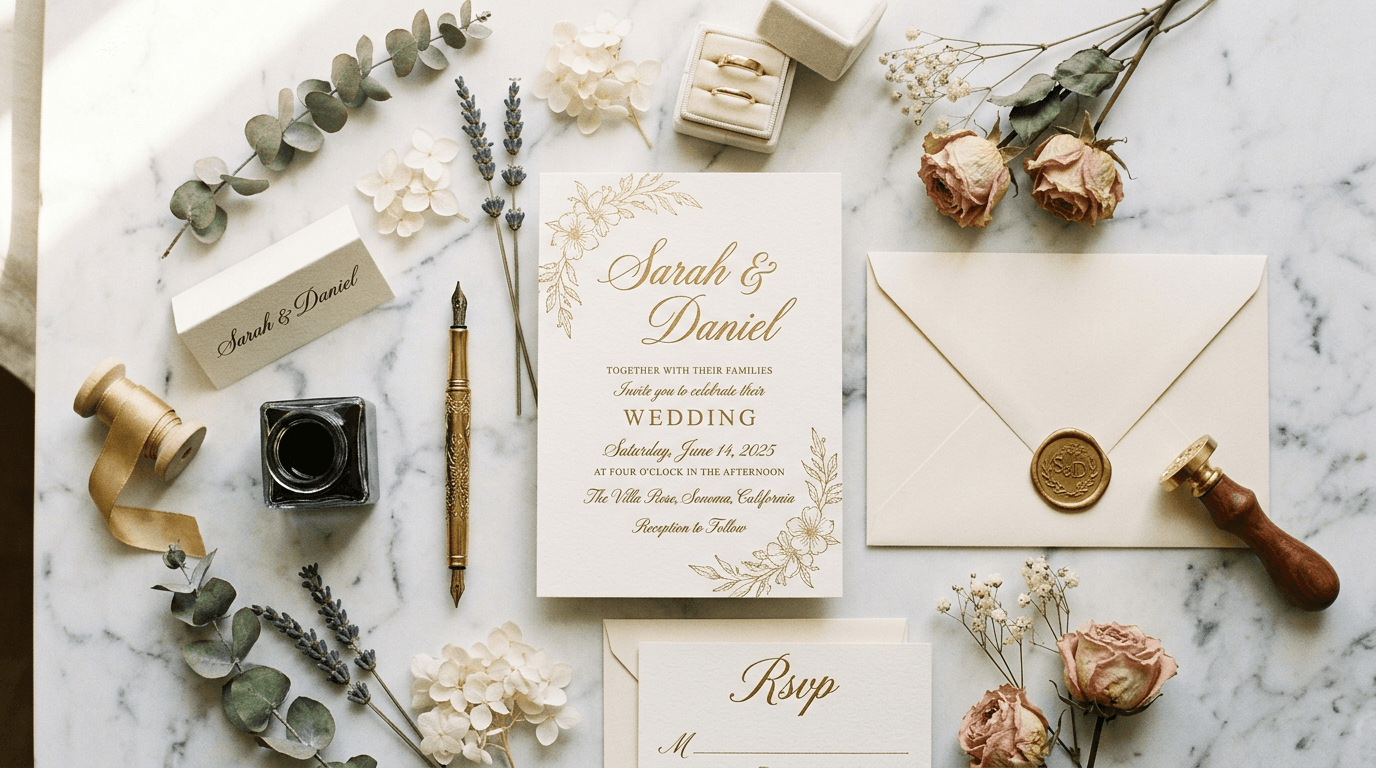 Elegante Hochzeitseinladung in Creme und Gold mit Wachssiegel und Kalligraphie auf Marmortisch