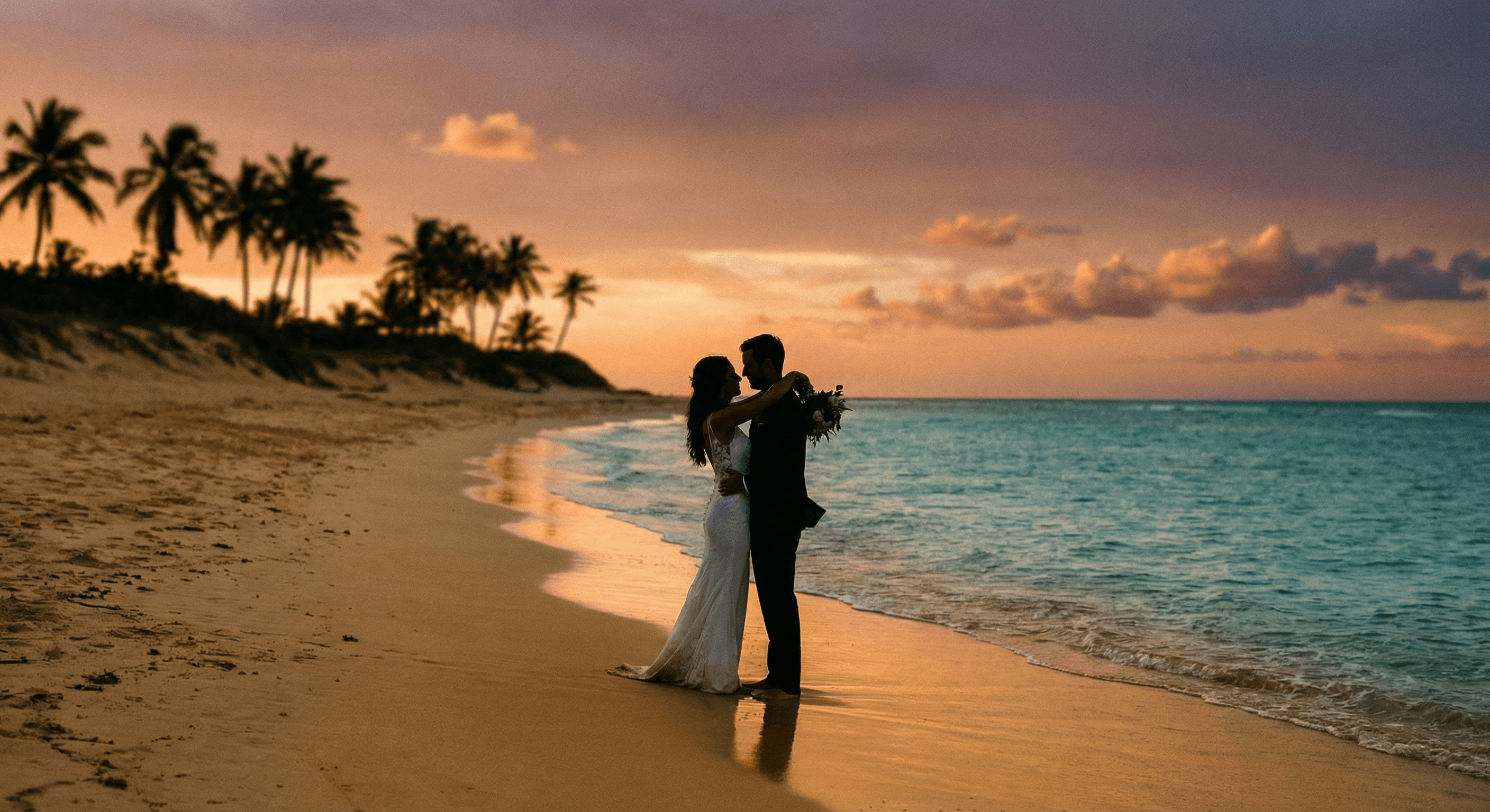 Brautpaar am Strand bei Sonnenuntergang – romantische Flitterwochen in der Karibik