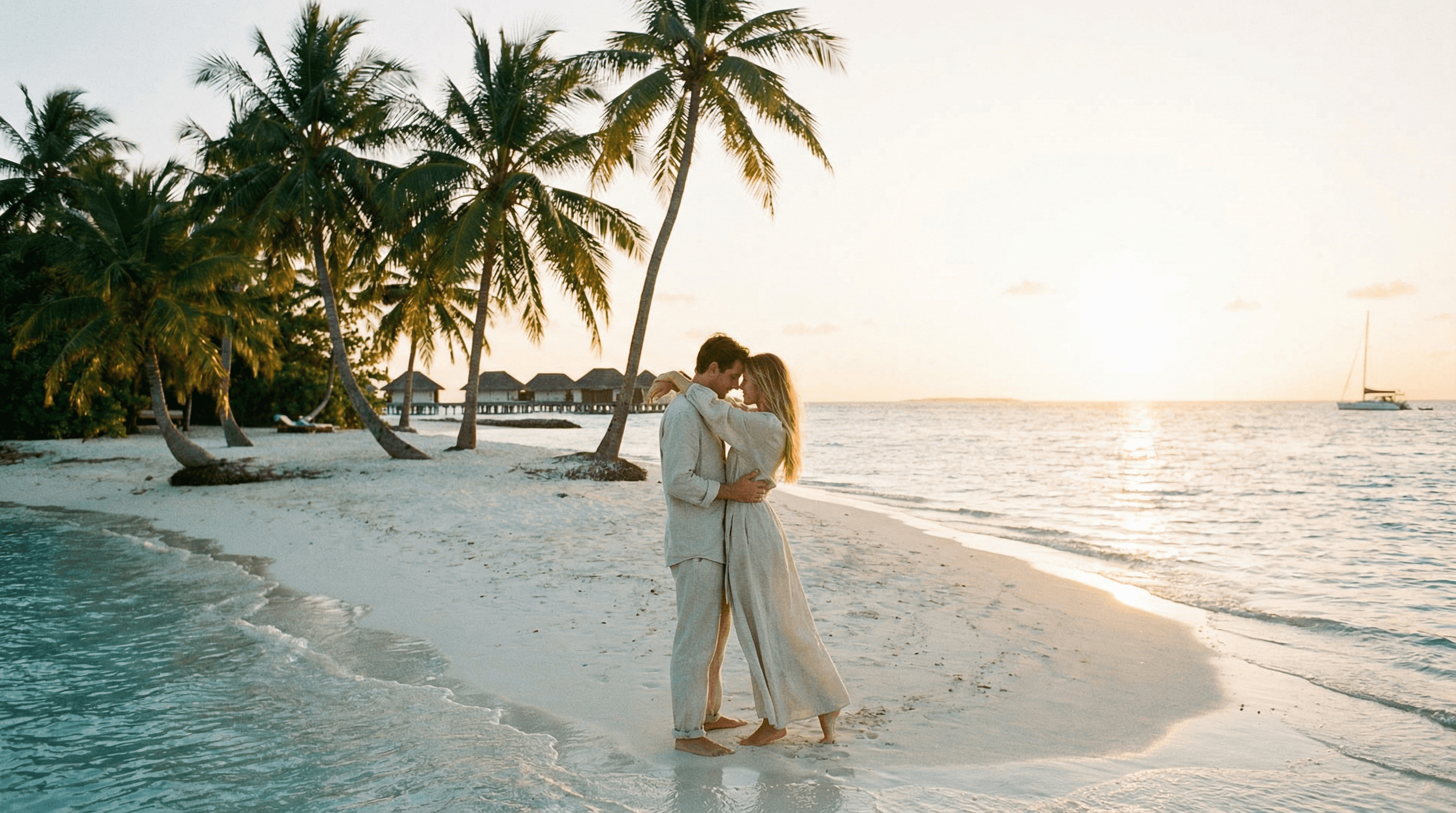 Romantisches Paar beim Sonnenuntergang an einem tropischen Strand mit türkisem Wasser
