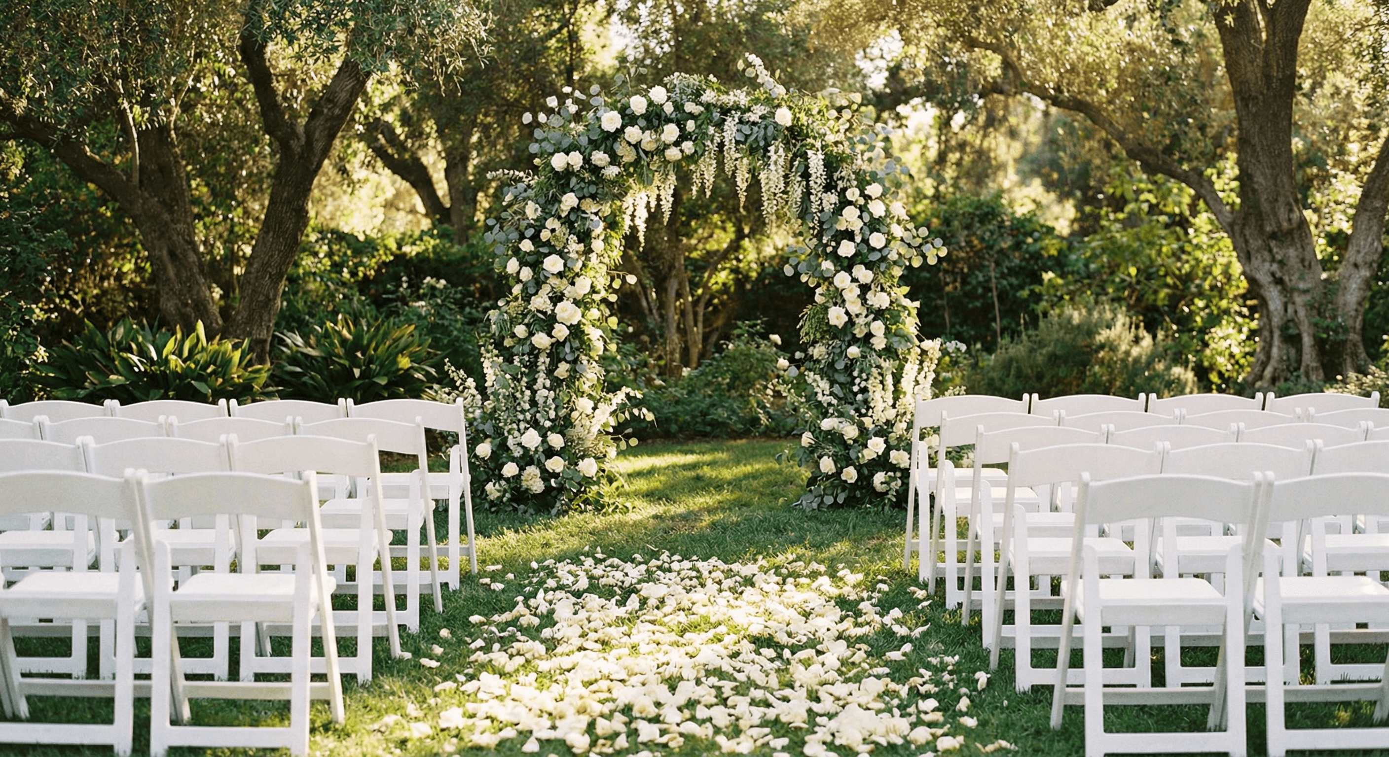 Outdoor-Trauungssetup mit weißem Blumenbogen, weißen Stühlen und Rosenblütenblättern auf dem Mittelgang