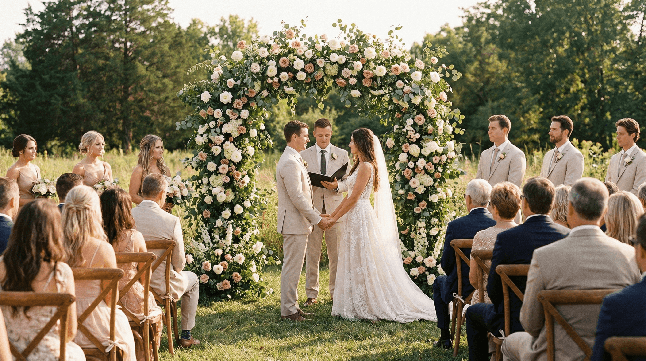Brautpaar bei freier Trauung unter einem Blumenbogen im Freien