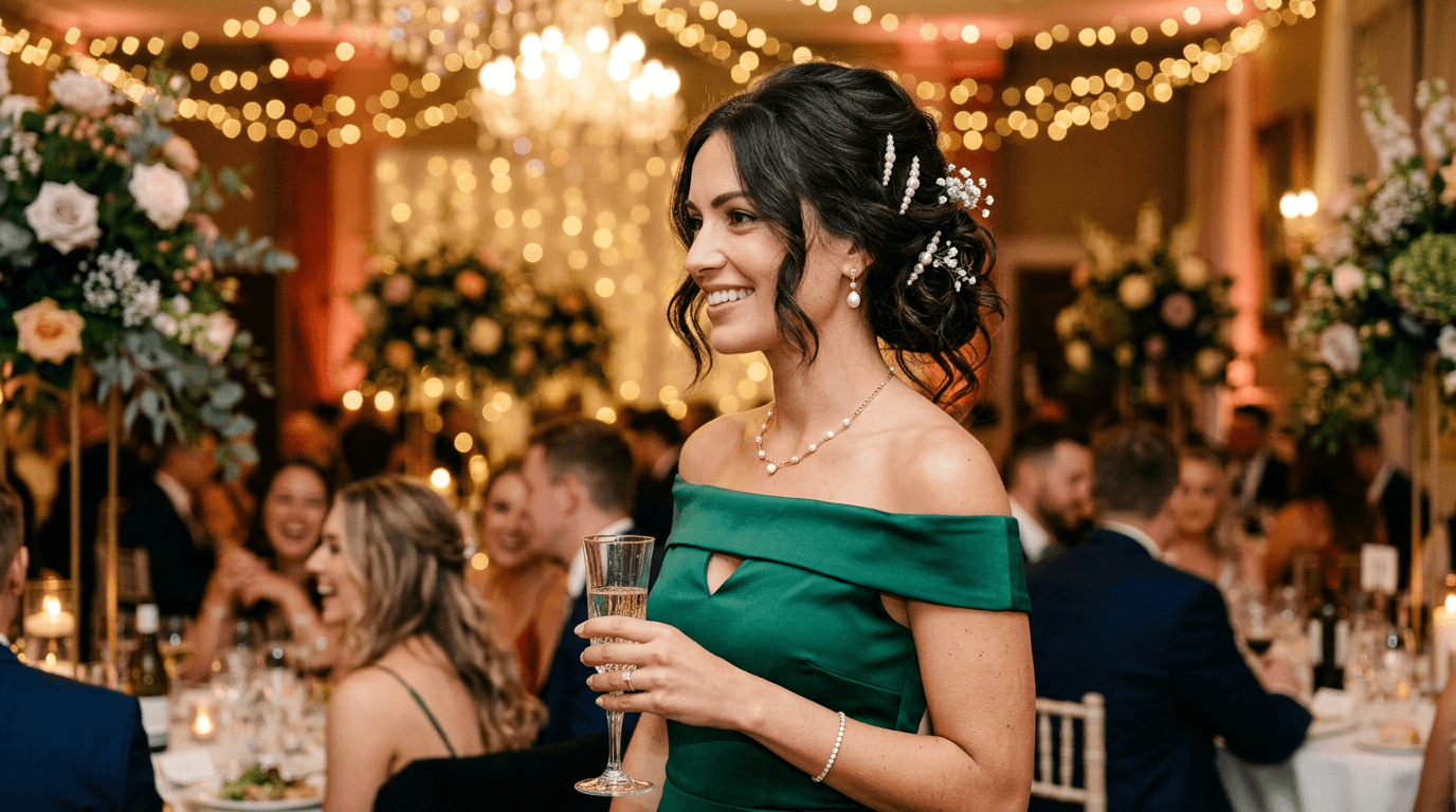 Elegante Hochzeitsgästin mit lockerer Hochsteckfrisur und Perlen-Haarnadeln in festlicher Abendlocation