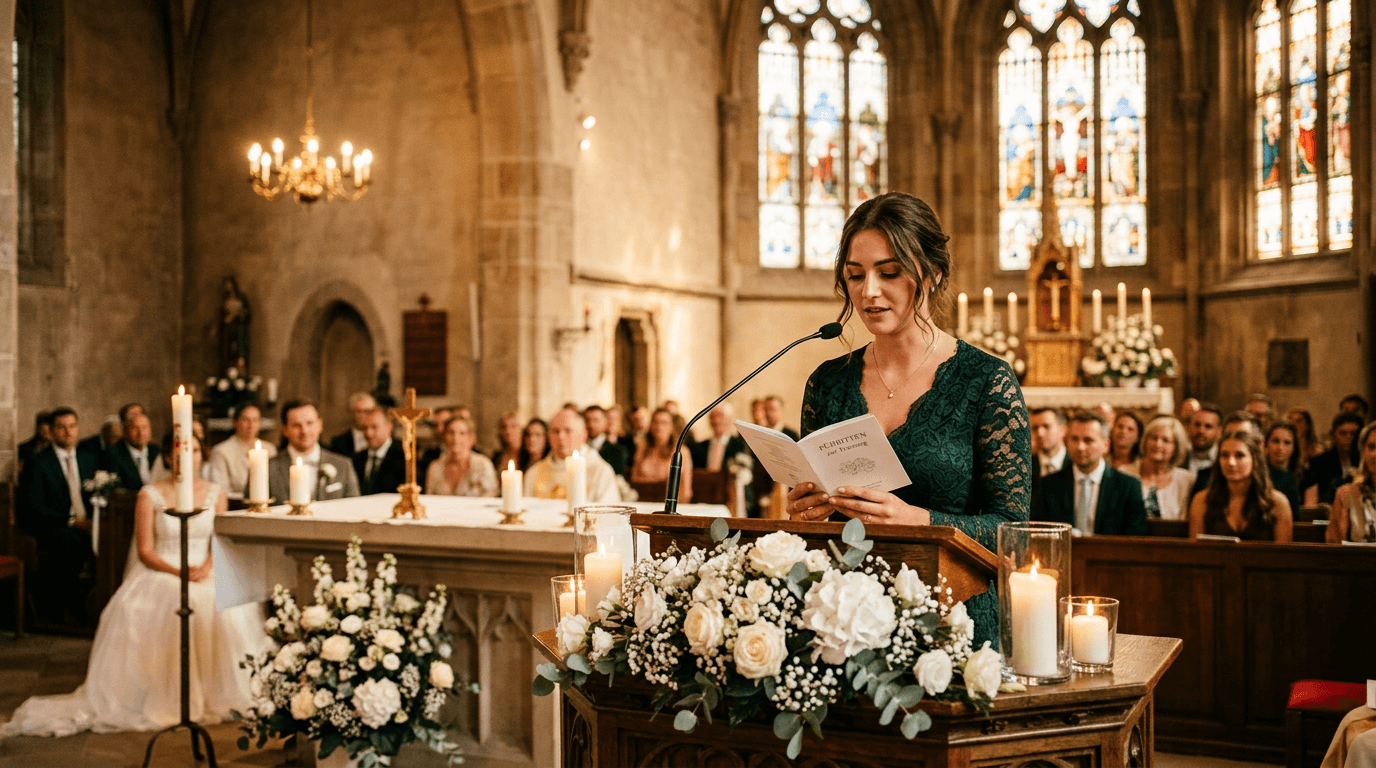 Gast liest Fürbitte am Kirchenpult während der Hochzeitszeremonie, Brautpaar und Gäste im Hintergrund