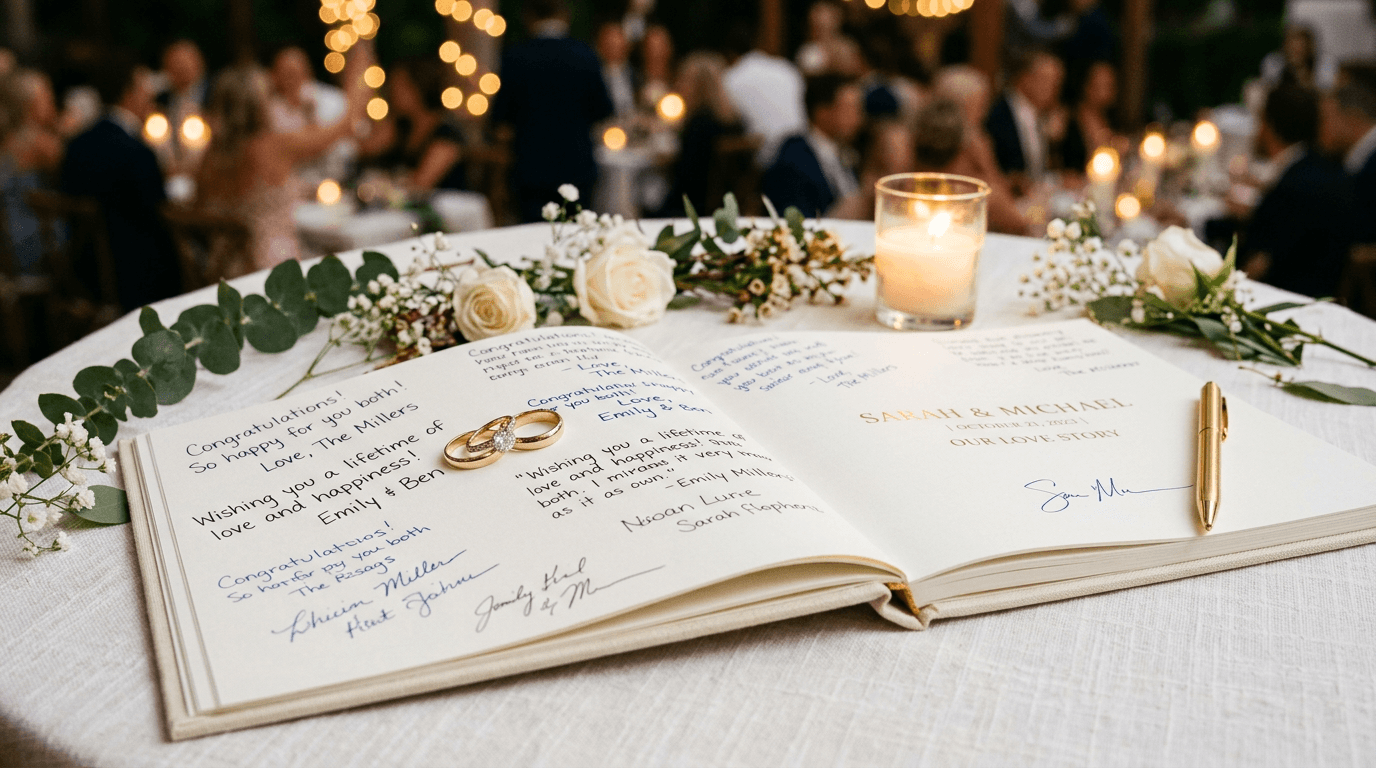 Offenes Hochzeitsgästebuch mit handgeschriebenen Einträgen und Eheringen auf festlich gedecktem Tisch