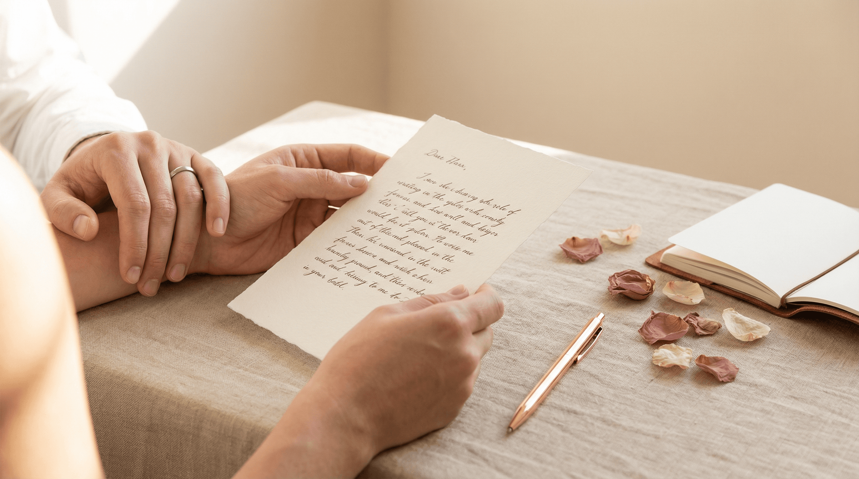 Handgeschriebene Gästeliste mit Roségold-Stift auf warmem Leinenstoff