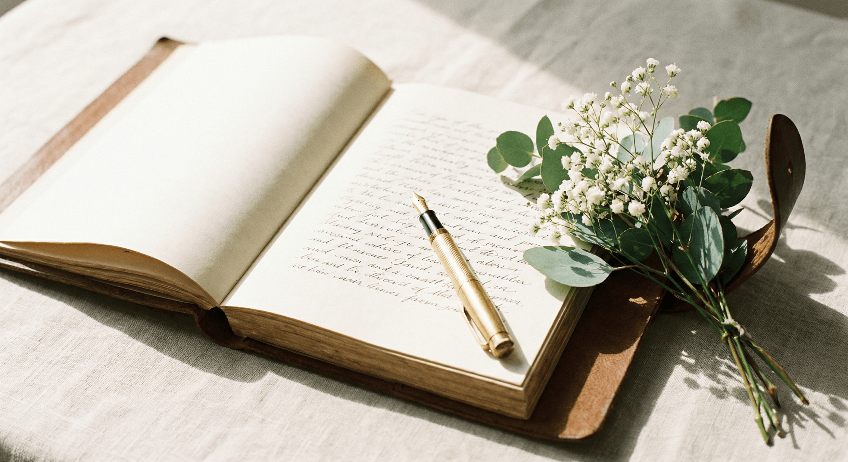 Offenes Notizbuch mit handgeschriebener Gästeliste, Goldfüller und Schleierkraut