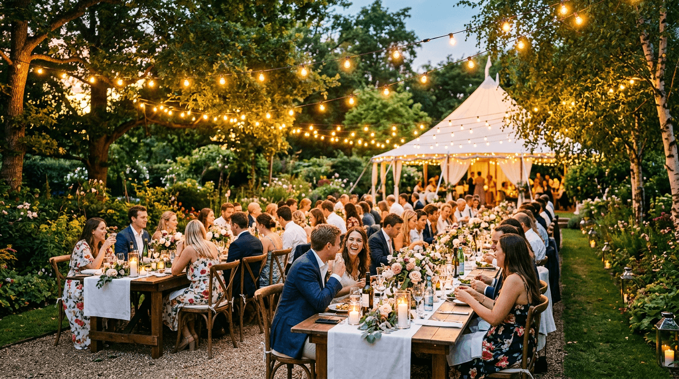 Romantische Gartenhochzeit mit Lichterketten, langen Holztischen und weißem Pagodenzelt im Abenddämmerung
