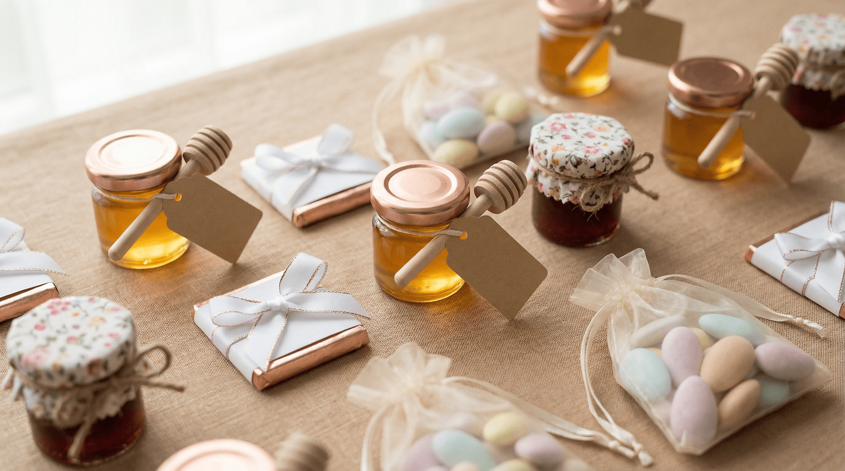 Essbare Gastgeschenke zur Hochzeit: Honigglässer, Marmeladen, Schokoladentafeln und Hochzeitsmandeln in Organzabeuteln