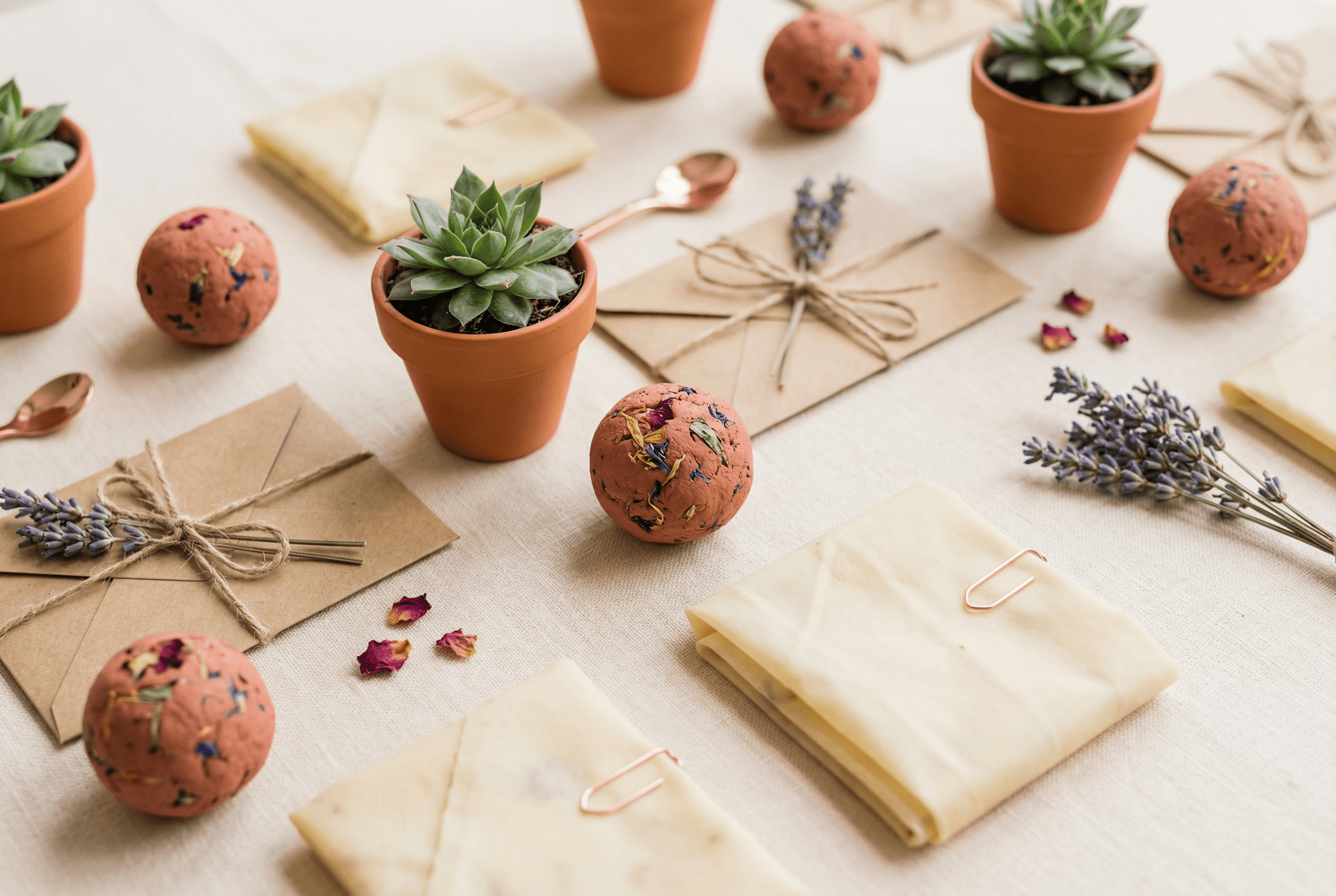 Nachhaltige Gastgeschenke zur Hochzeit: Seedbombs, Sukkulenten in Terrakotta, Samenpäckchen und Bienenwachstücher
