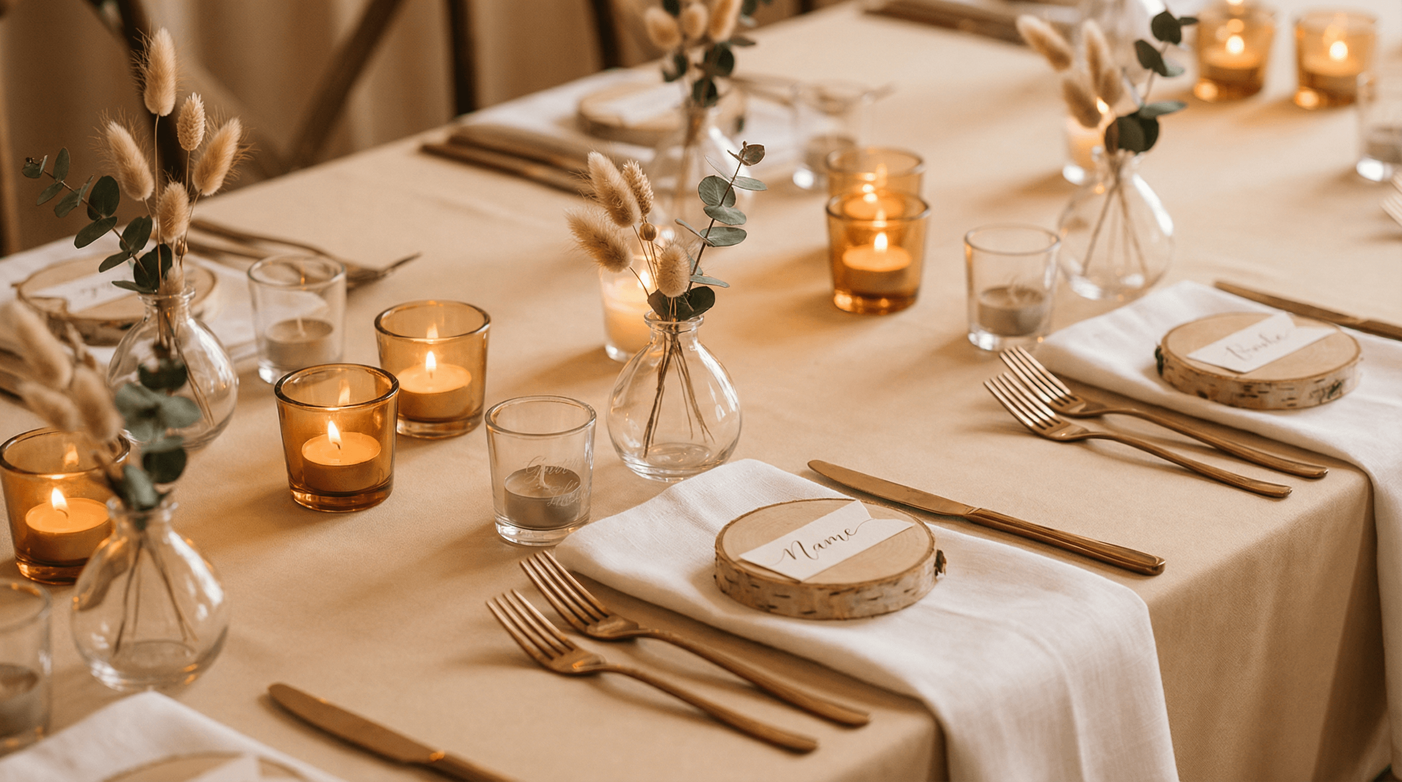 Hochzeitstafel mit Teelichtern, Birkenscheiben als Platzkarten und kleinen Vasen mit Trockenblumen als Gastgeschenk