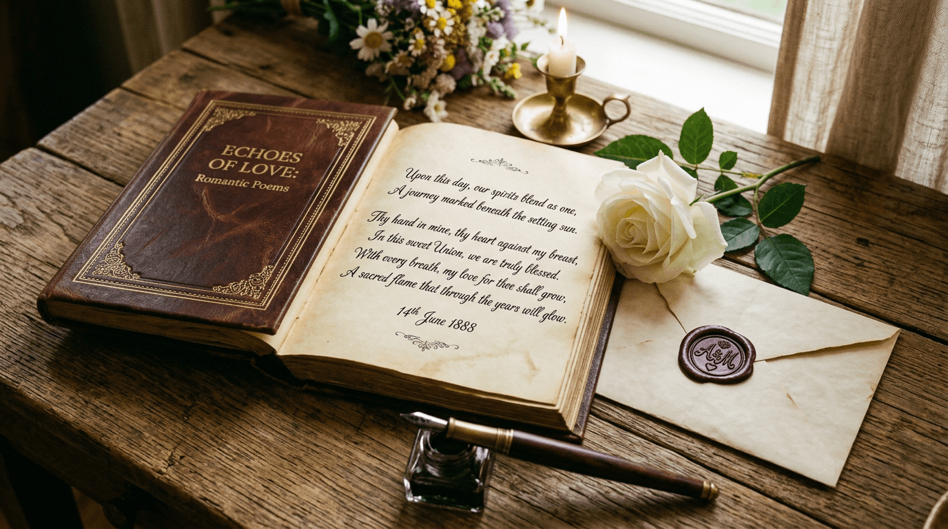 Aufgeschlagenes Gedichtbuch mit Liebesversen neben einer weißen Rose und einem Liebesbrief auf rustikalem Holztisch