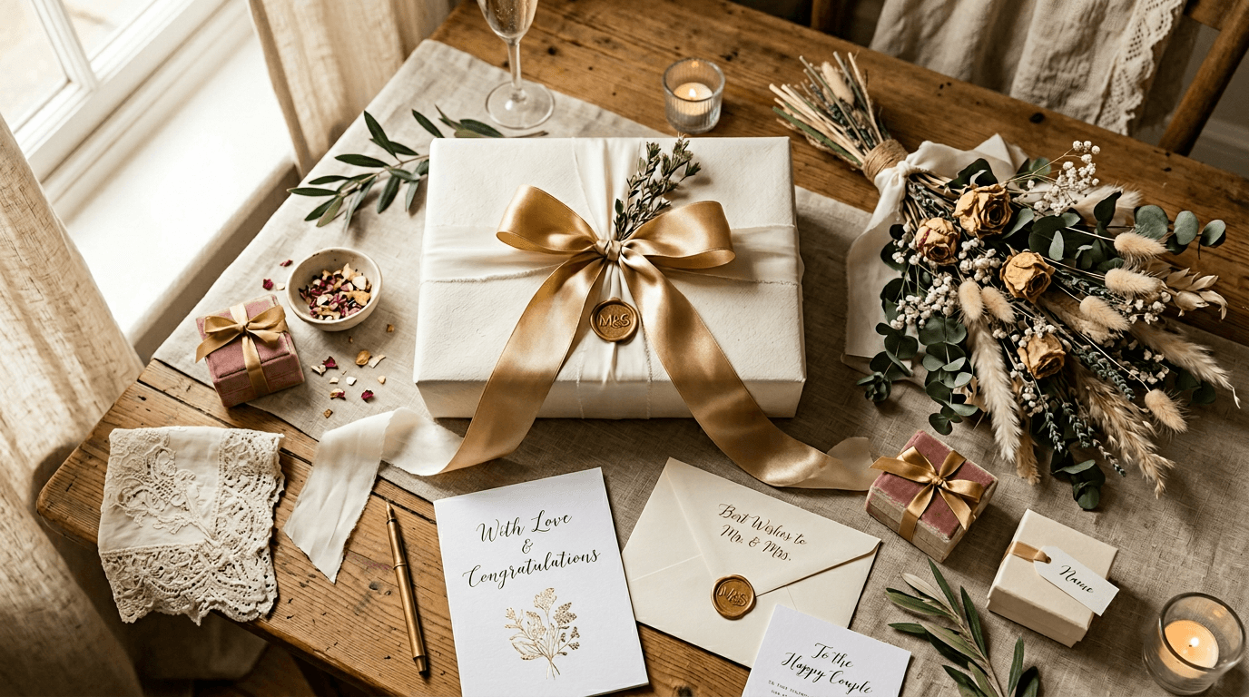 Elegante Hochzeitsgeschenke mit cremefarbenem Papier, goldener Schleife und persönlichen Karten auf rustikalem Holztisch