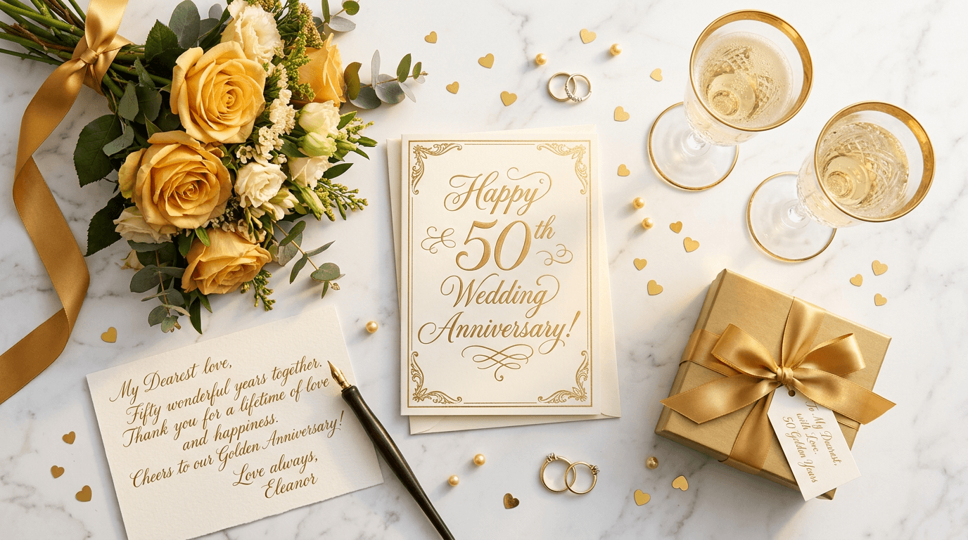 Elegante Glückwunschkarte zur Goldenen Hochzeit mit goldener Schrift und Blumenarrangement