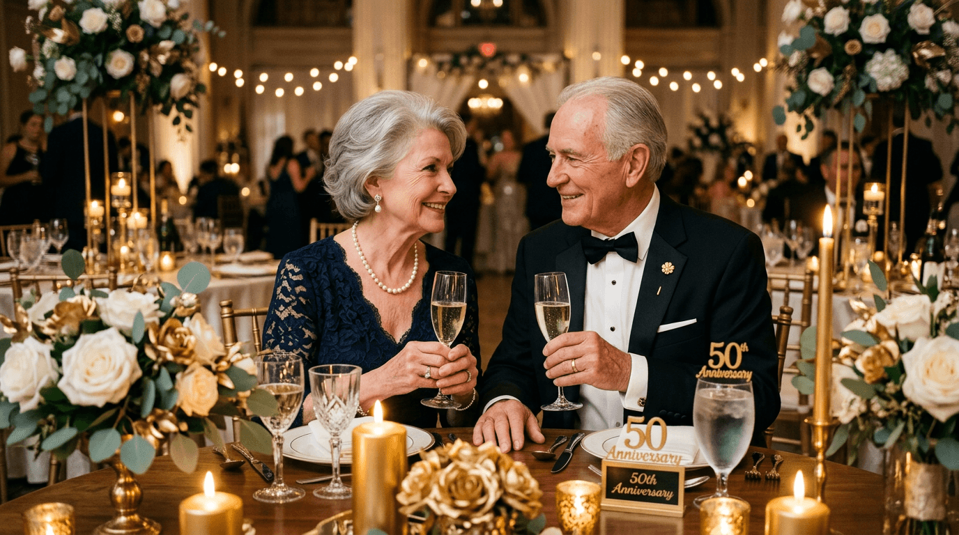 Elegantes goldenes Gedeck zum 50. Hochzeitstag mit goldenen Kerzen, Blumen und der Zahl 50