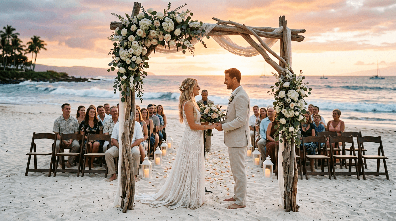 Strandhochzeit bei Sonnenuntergang: Brautpaar unter Treibholz-Traubogen am weißen Sandstrand mit Gästen