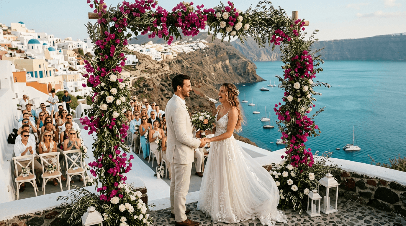 Destination Wedding auf Santorini: Brautpaar unter Blumenbogen mit Blick aufs Mittelmeer