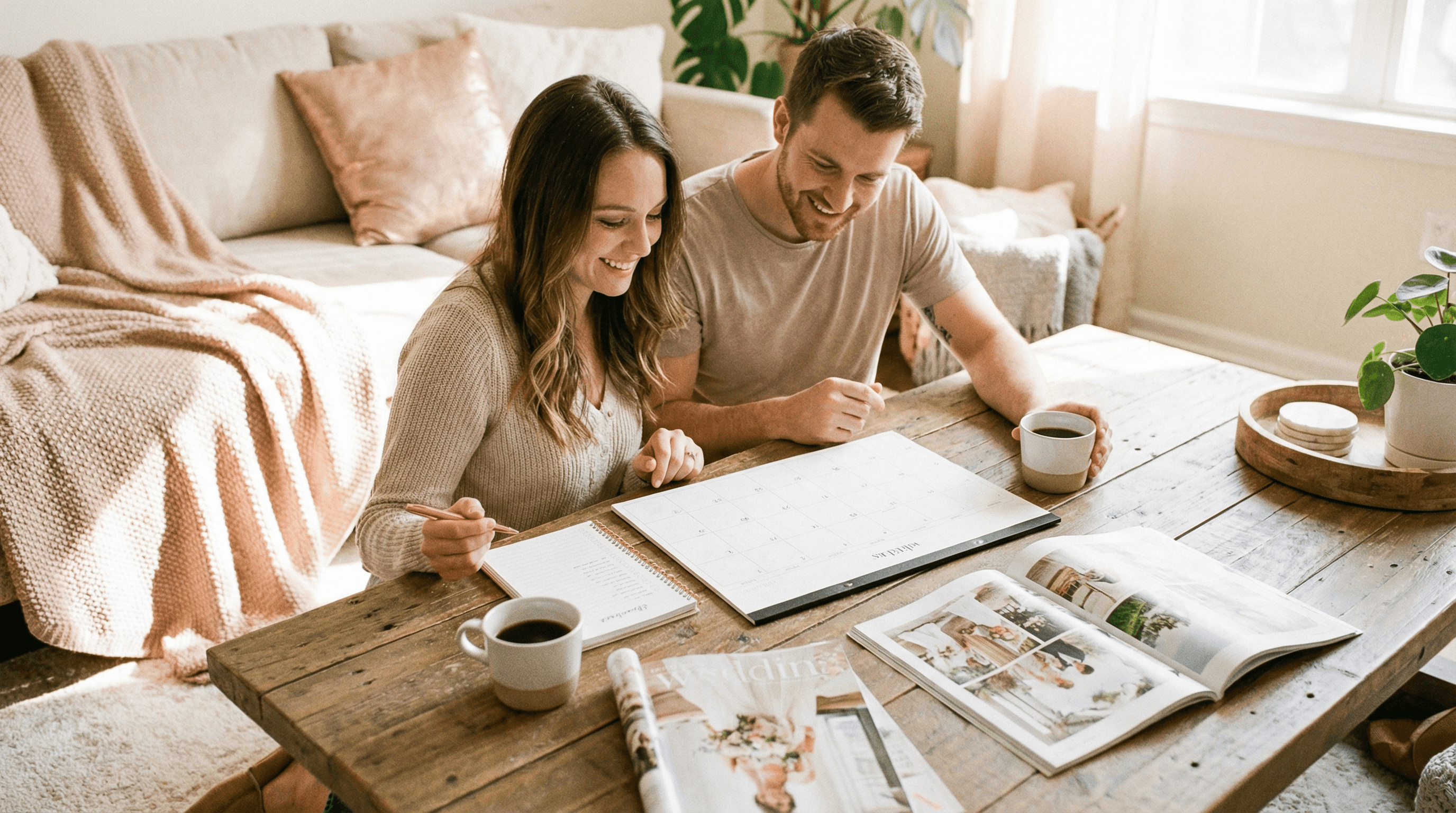 Brautpaar beim schnellen Standesamttermin, Rosen und ein Kalender mit angekreuztem Datum