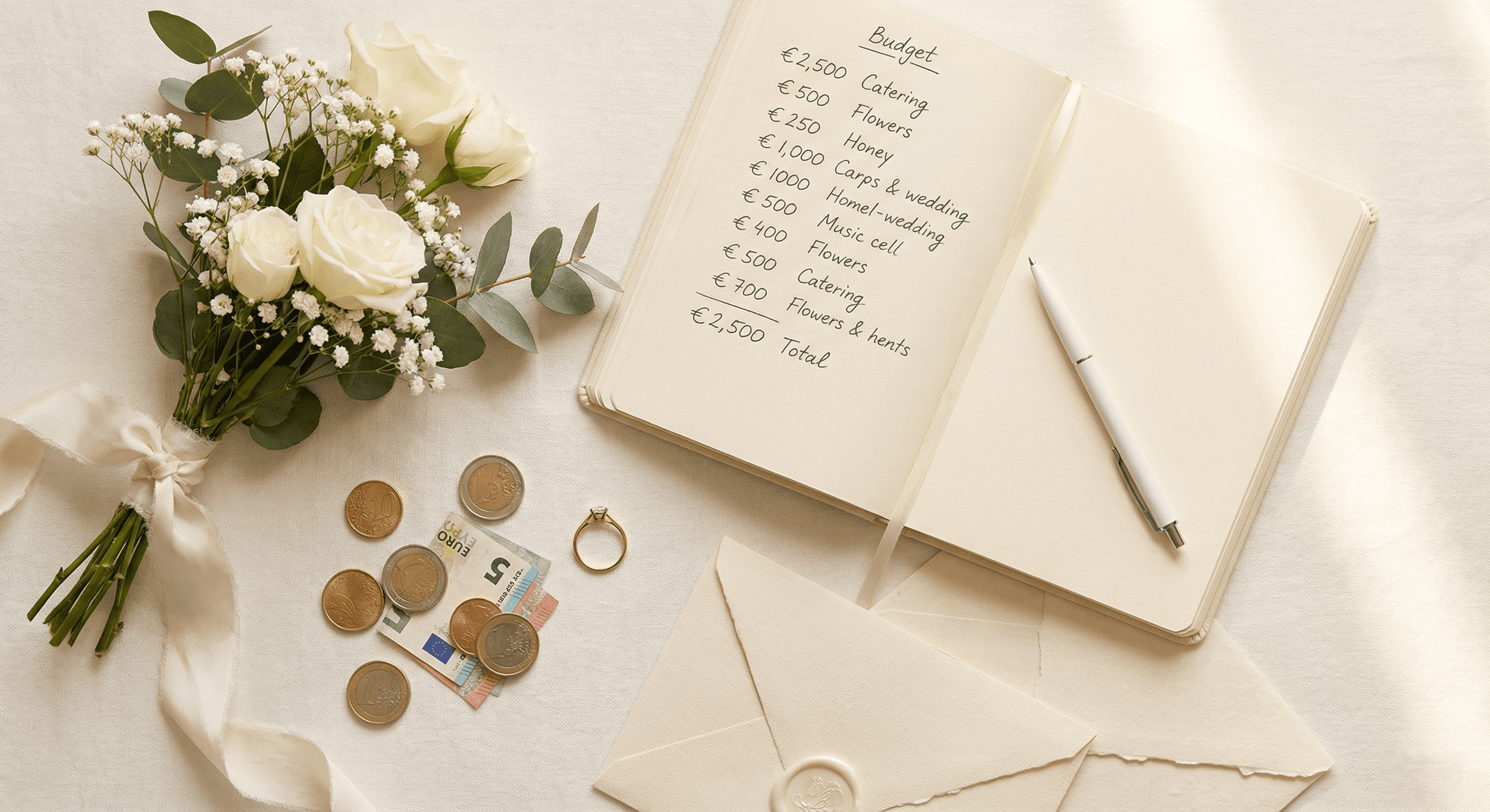Hochzeitsplanung Budget — Notizbuch mit Kostenübersicht, Rosen und Euro-Münzen