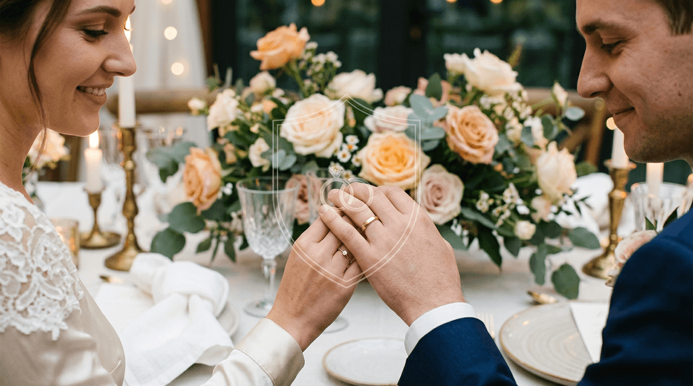 Brautpaar hält Eheringe über festlich gedecktem Tisch mit Blumen und Schutzschild-Symbol für Hochzeitsversicherung