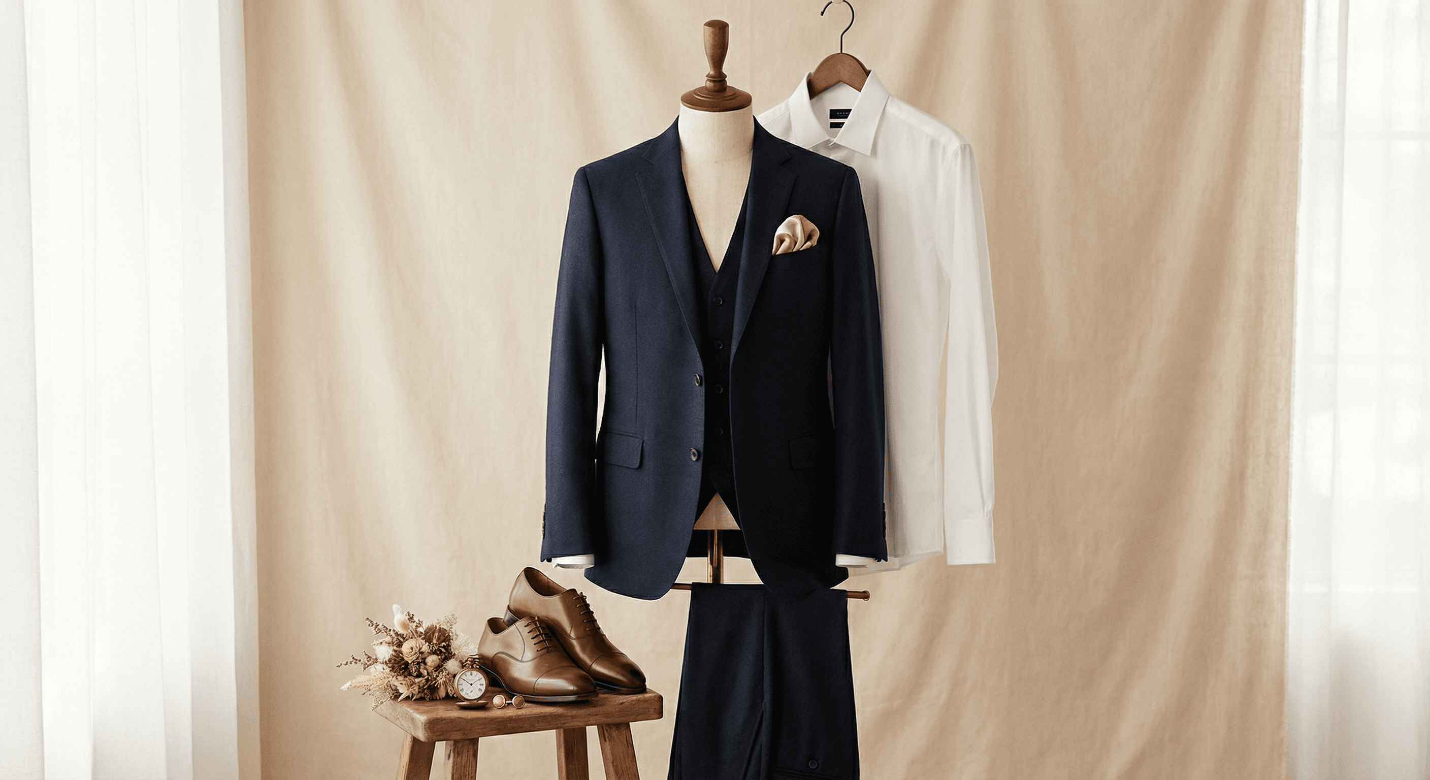 Hochzeitsanzug in Navy auf Schneiderpuppe mit weißem Hemd und braunen Oxford-Schuhen