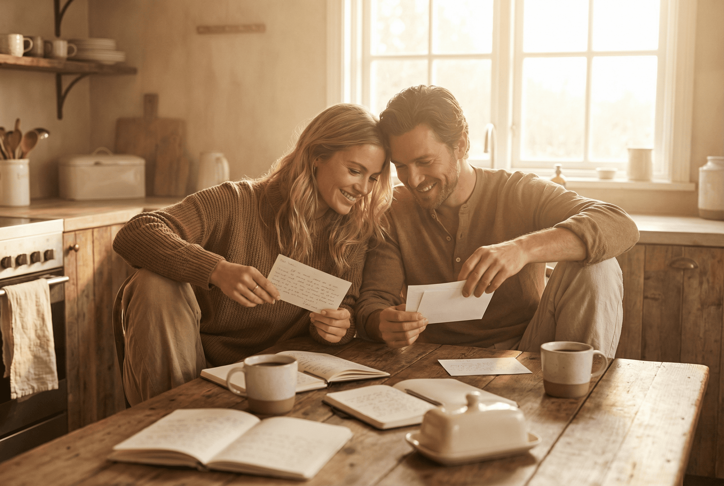 Paar sitzt zusammen am Küchentisch und vergleicht Wunschlisten auf Zetteln