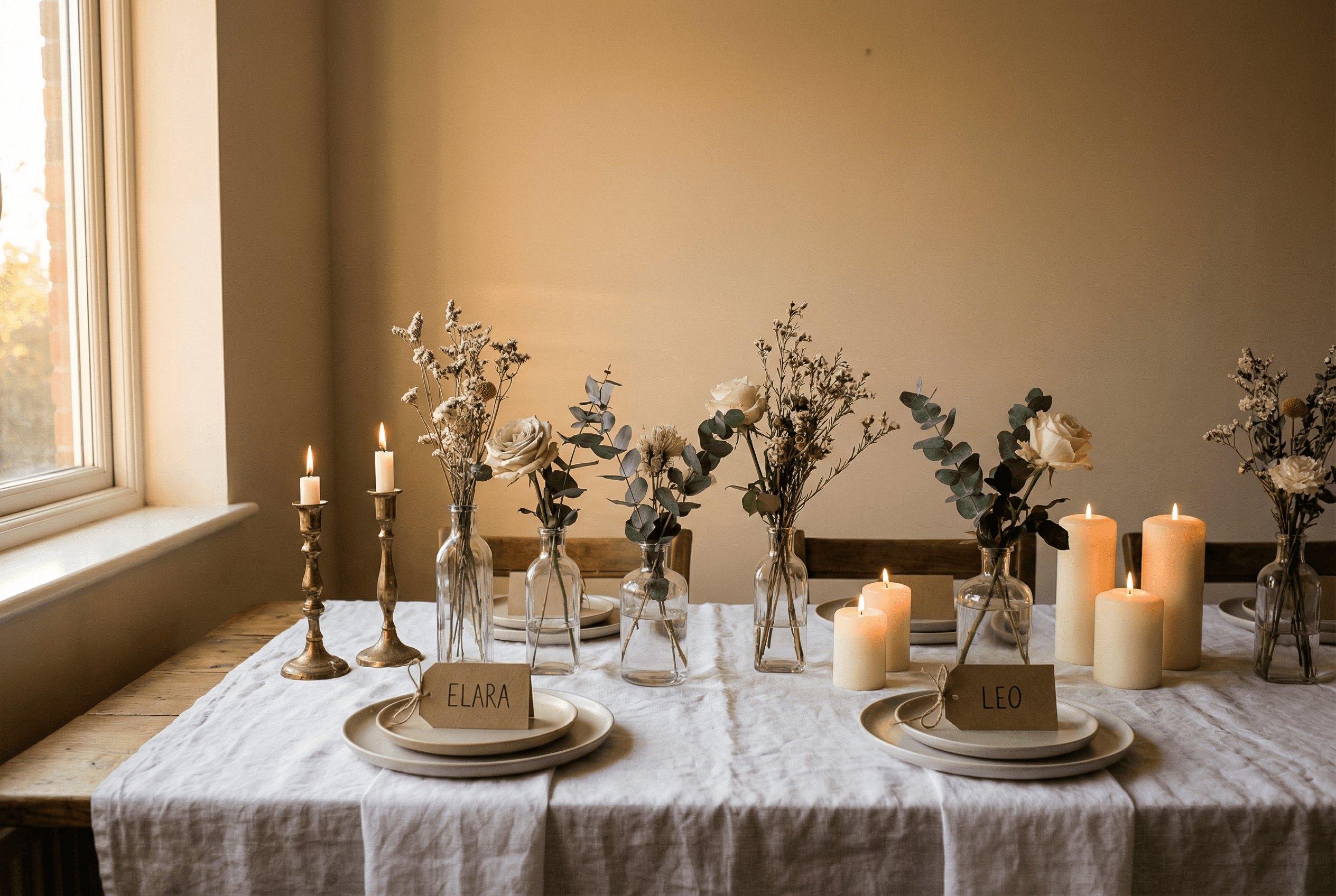 Elegant gedeckter Hochzeitstisch mit einfachen Glasvasen, saisonalen Blumen und Kerzen — schön ohne viel Budget