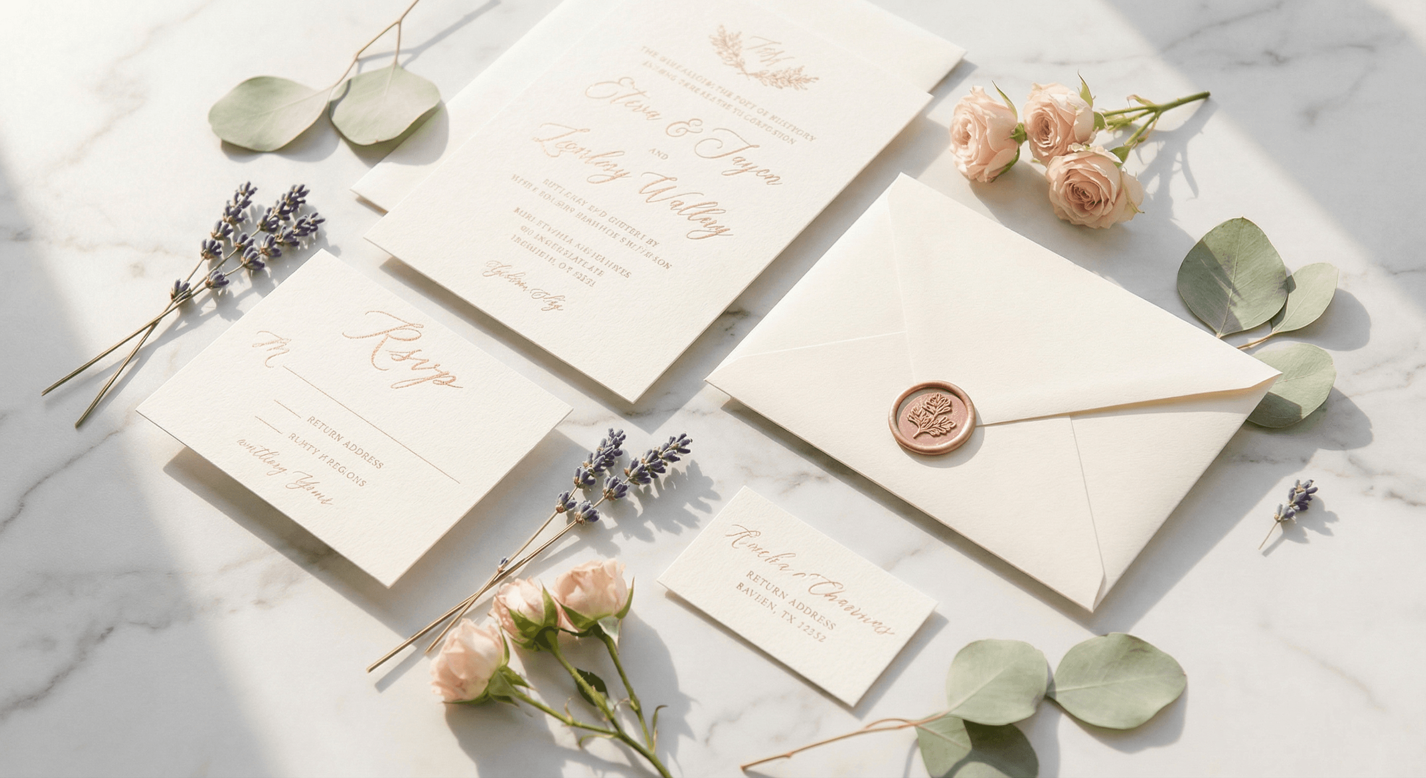 Hochzeitseinladungs-Set aus cremefarbenem Karton mit Roségold-Kalligrafie, Wachssiegel und getrockneten Rosen