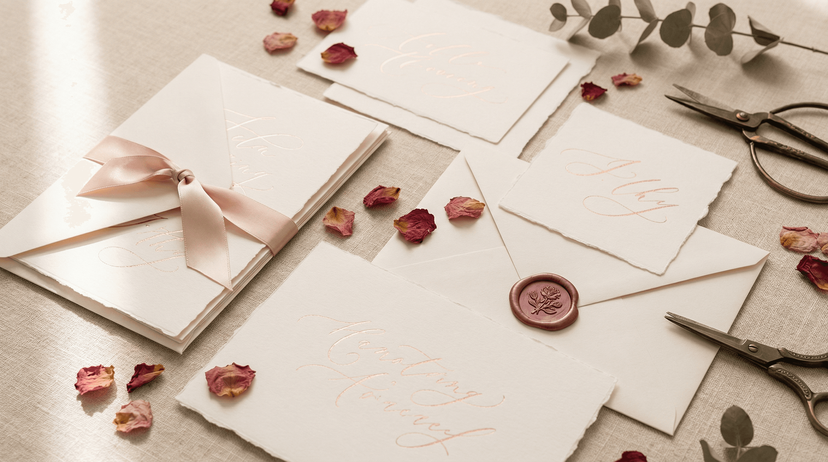 Elegante Hochzeitseinladung auf cremefarbenem Papier mit Roségold-Kalligrafie, Wachssiegel und getrockneten Blüten