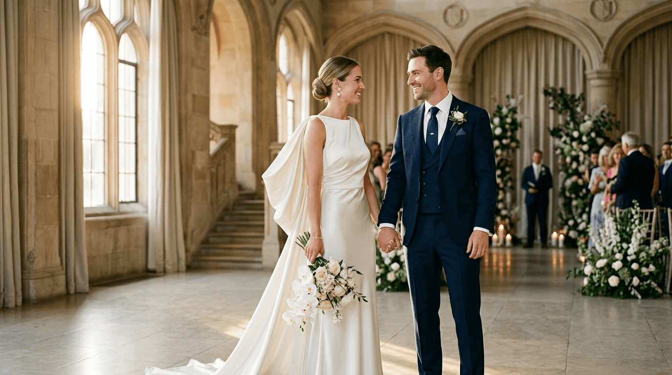 Braut im eleganten Satin-Kleid mit Cape-Detail und Bräutigam im Navy-Dreiteiler in stimmungsvollem Saal