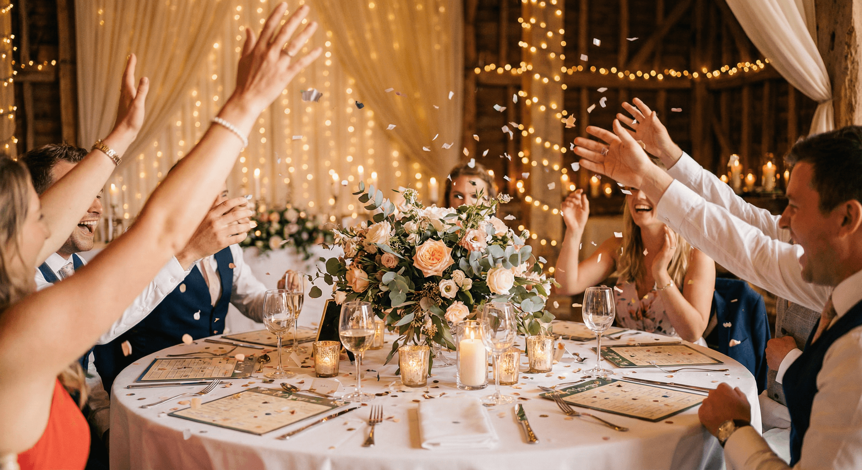 Hochzeitsgäste werfen Konfetti und lachen ausgelassen – Partystimmung bei Hochzeitsspielen