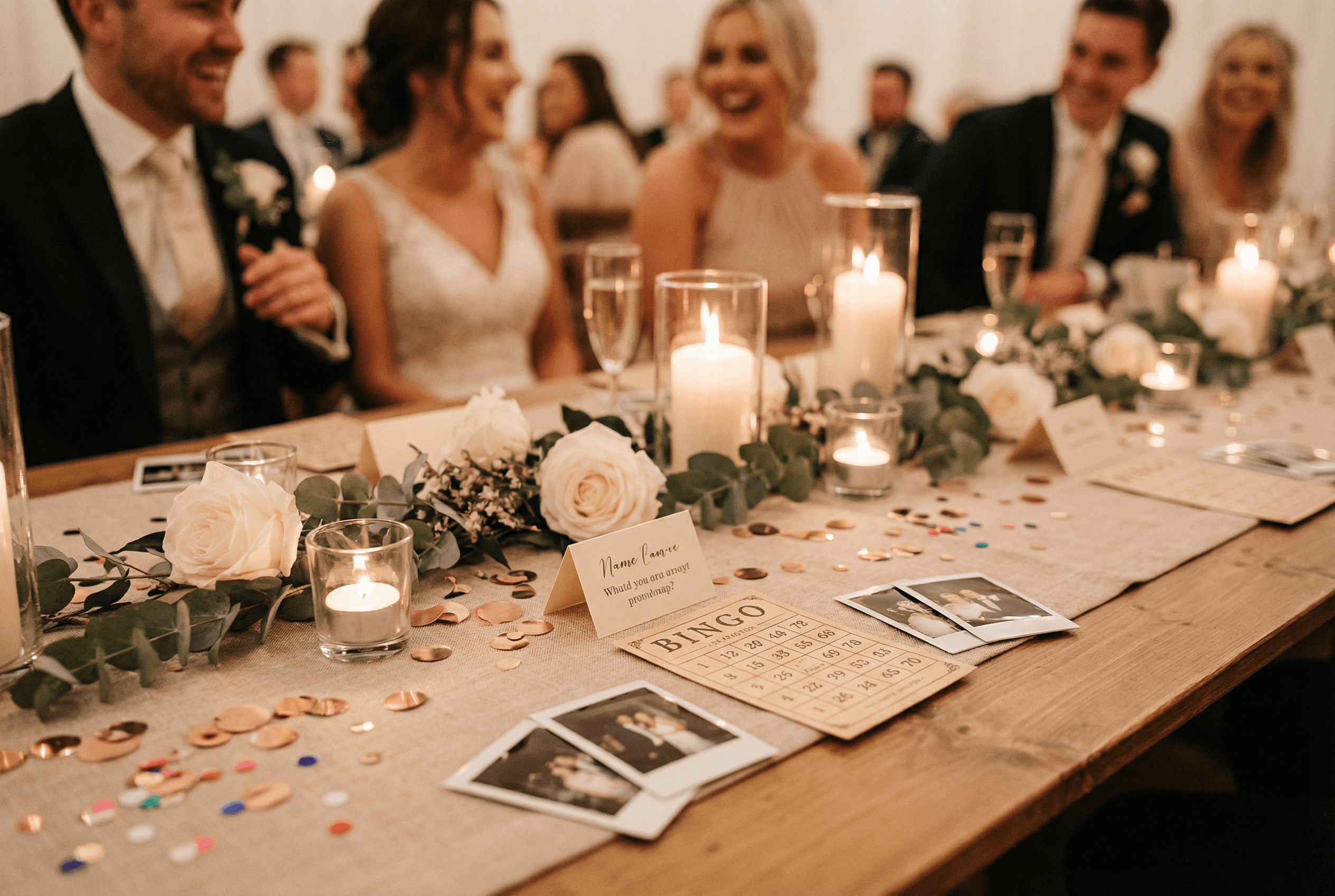 Festlich gedeckter Hochzeitstisch mit Bingokarte, Polaroid-Fotos und Konfetti, lachende Gäste im Hintergrund