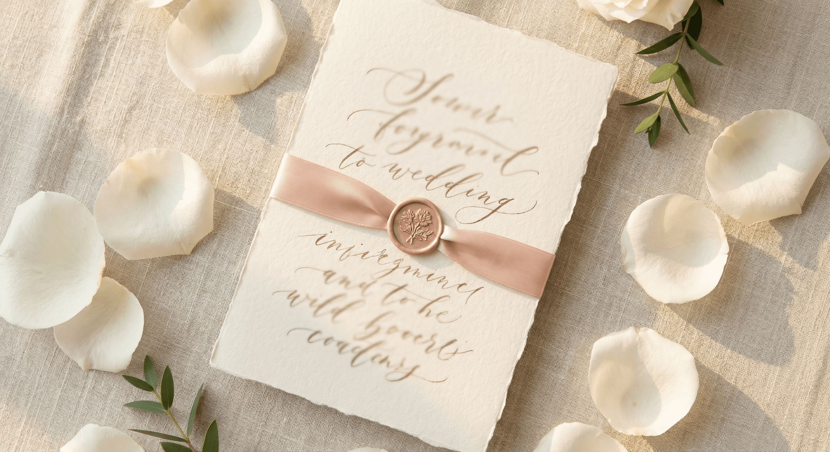 Elegante Hochzeitskarte mit Kalligrafie auf Büttenpapier, rosa Satinband und Wachssiegel