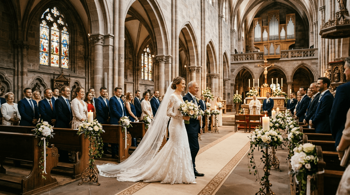 Braut schreitet am Arm ihres Vaters durch den Mittelgang einer historischen deutschen Kirche zum Altar