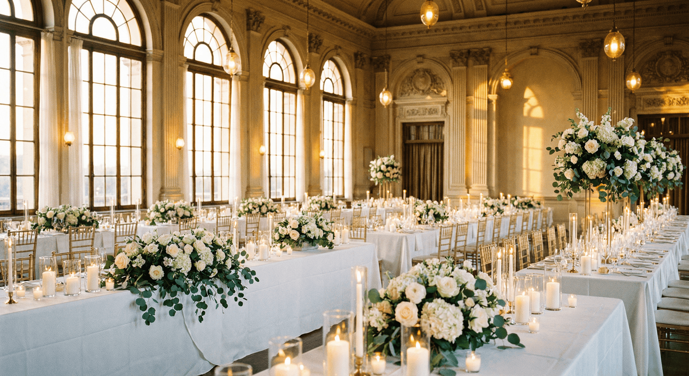 Eleganter Hochzeits-Festsaal mit weißen Tischdecken, üppigen Blumenarrangements und warmem Licht