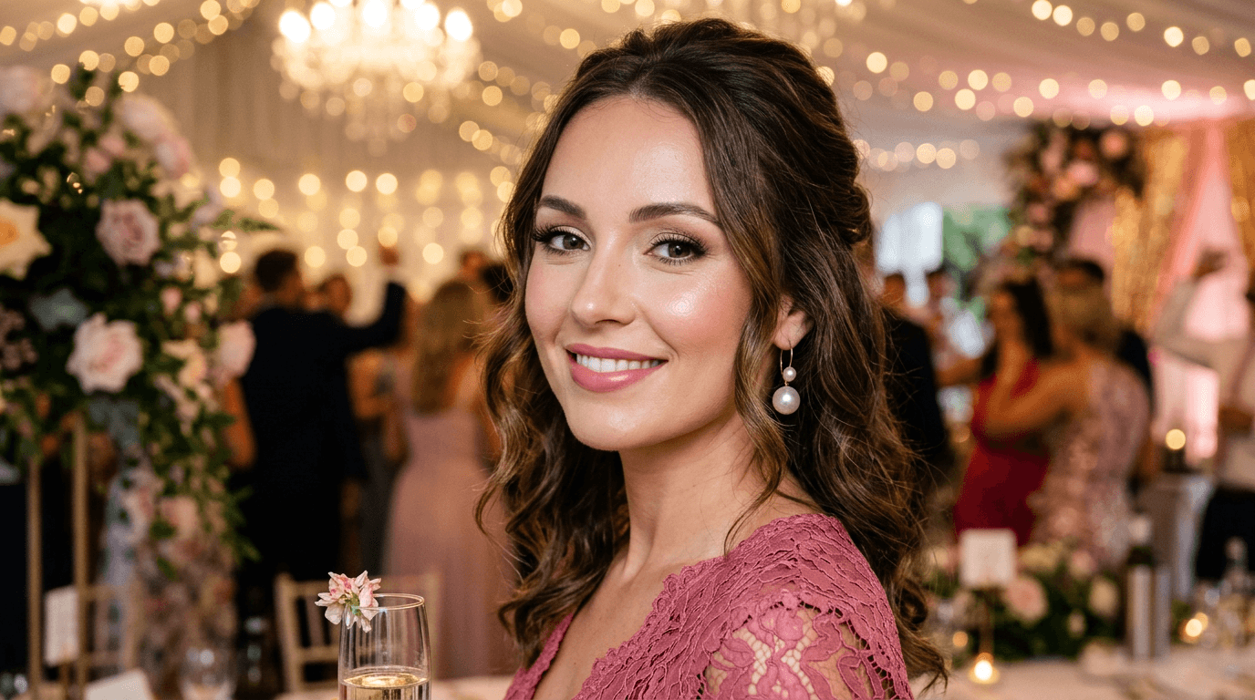 Hochzeitsgast mit strahlendem Natural-Glow-Make-up und Perlenohrringen bei der Hochzeitsfeier